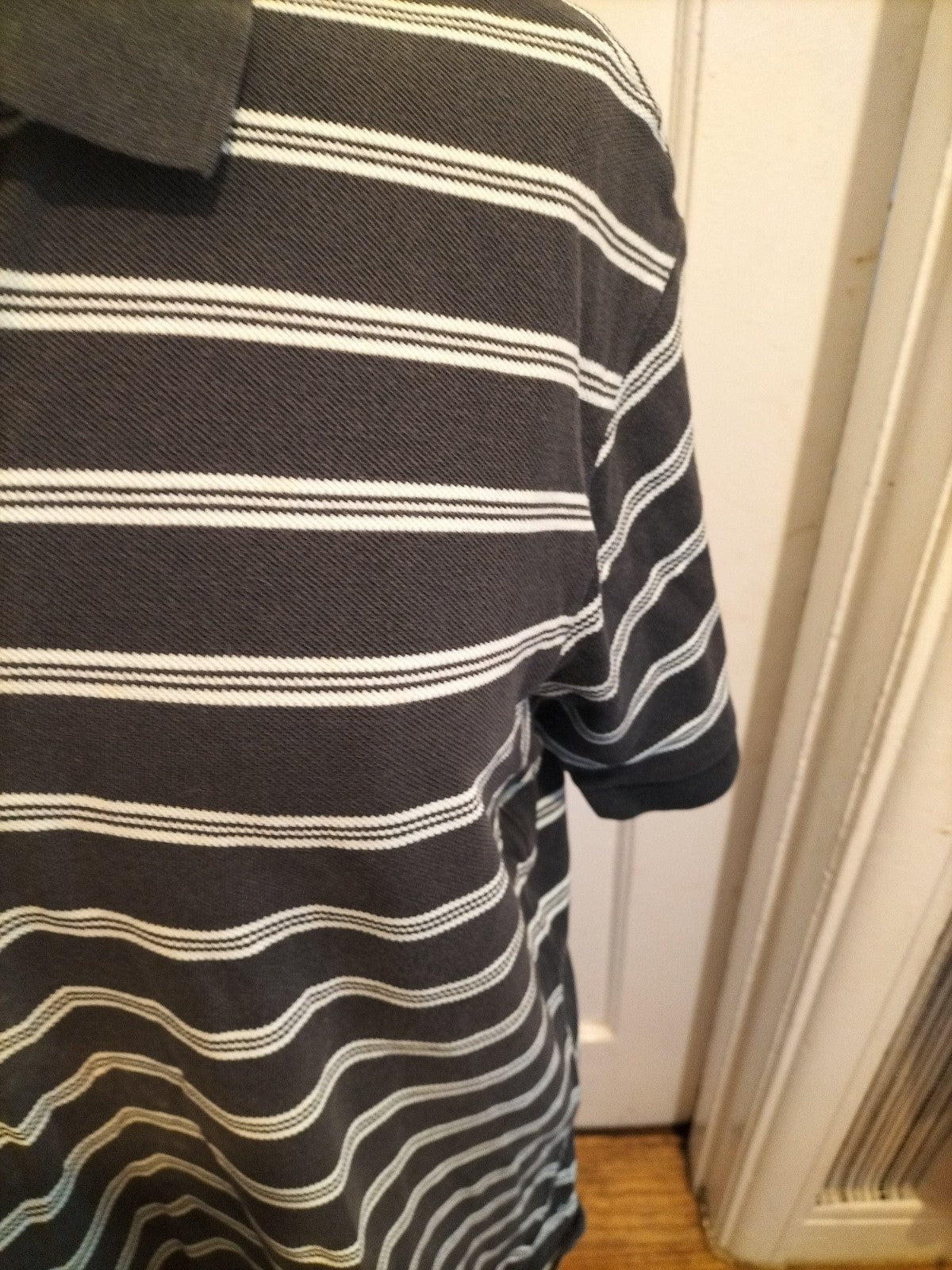 Mens Easy Size Medium Navy/White Striped Polo(neck Marked)