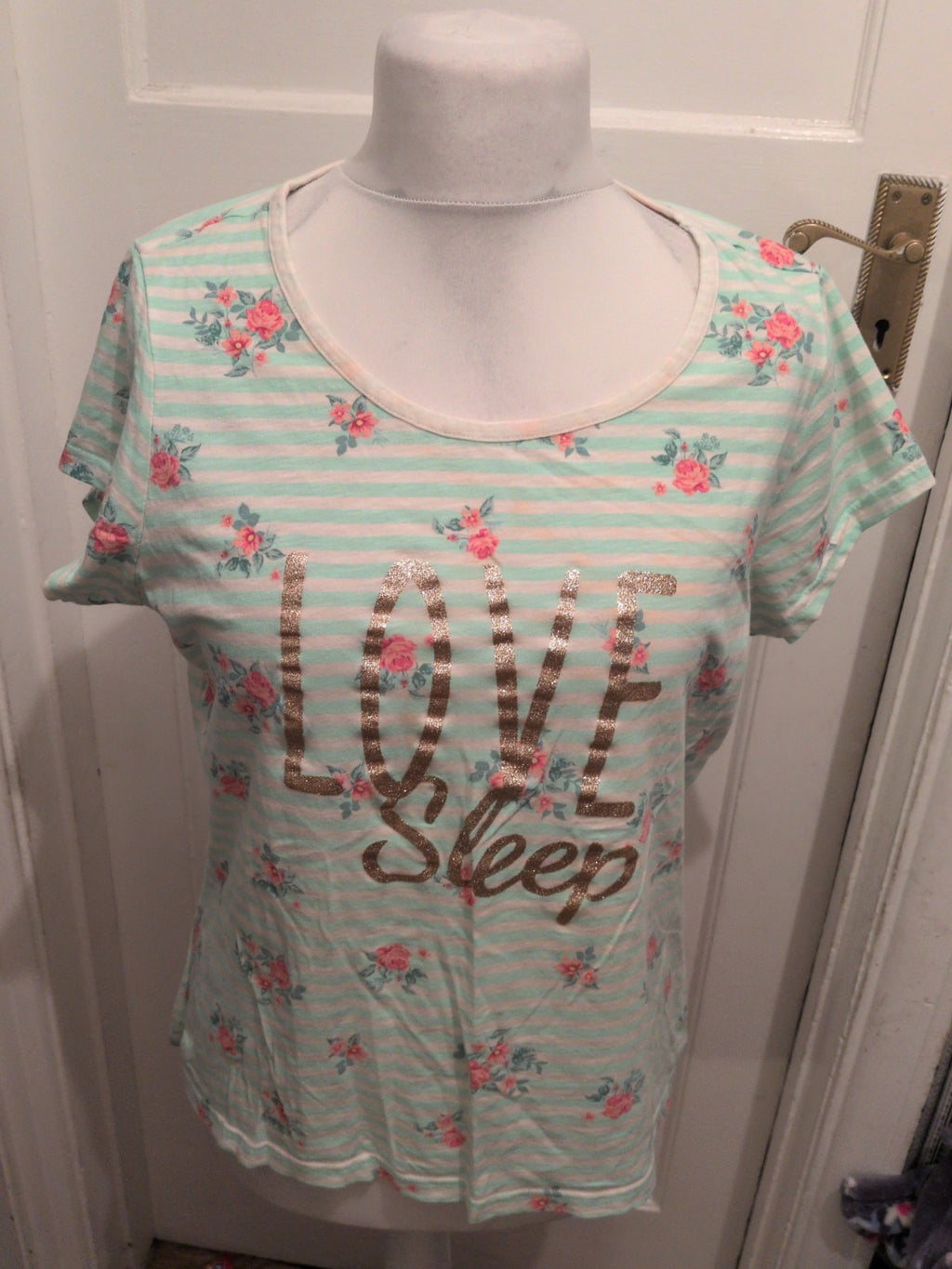 F&F Stripe Medium With Gold Glitter Floral Pyjama Top