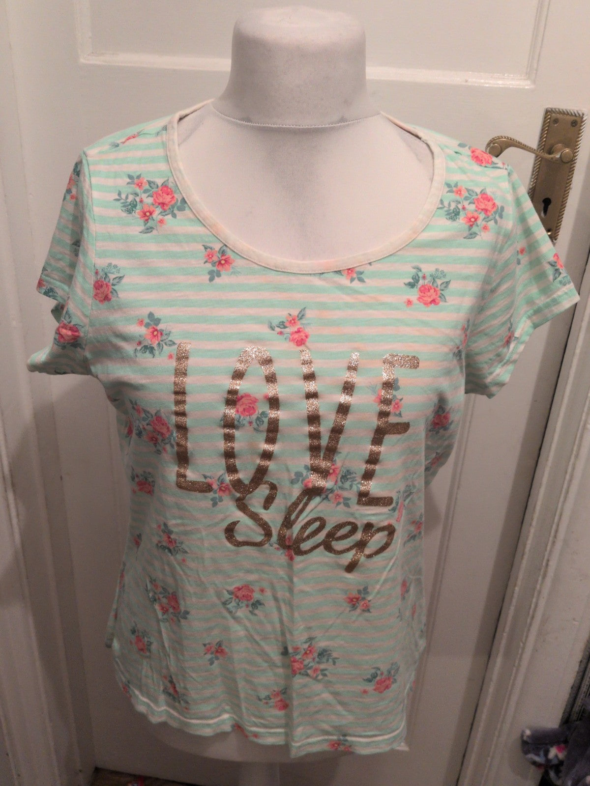 F&F Stripe Medium With Gold Glitter Floral Pyjama Top