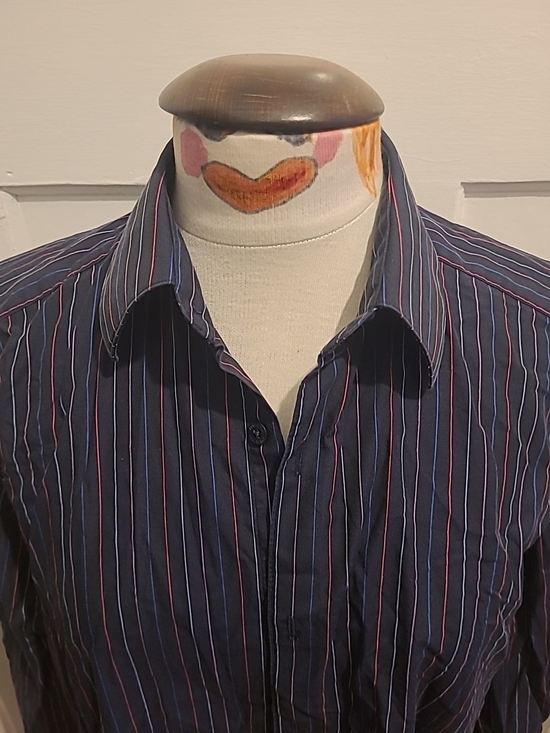 Mens Marks And Spencer 16.5" Pure Cotton Long Sleeve Black Blue And Red Striped