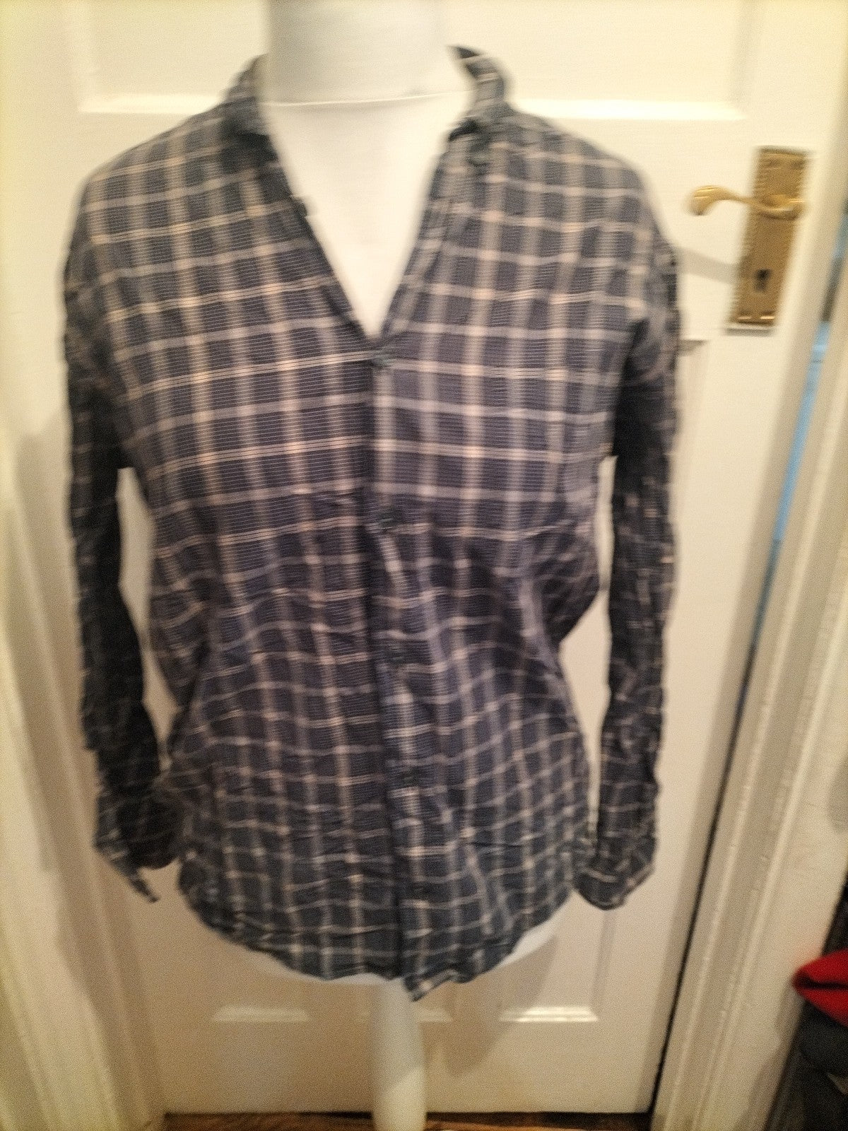 Mens St Micheal Size Small Navy Blue And Beige Check Long Sleeved Shirt