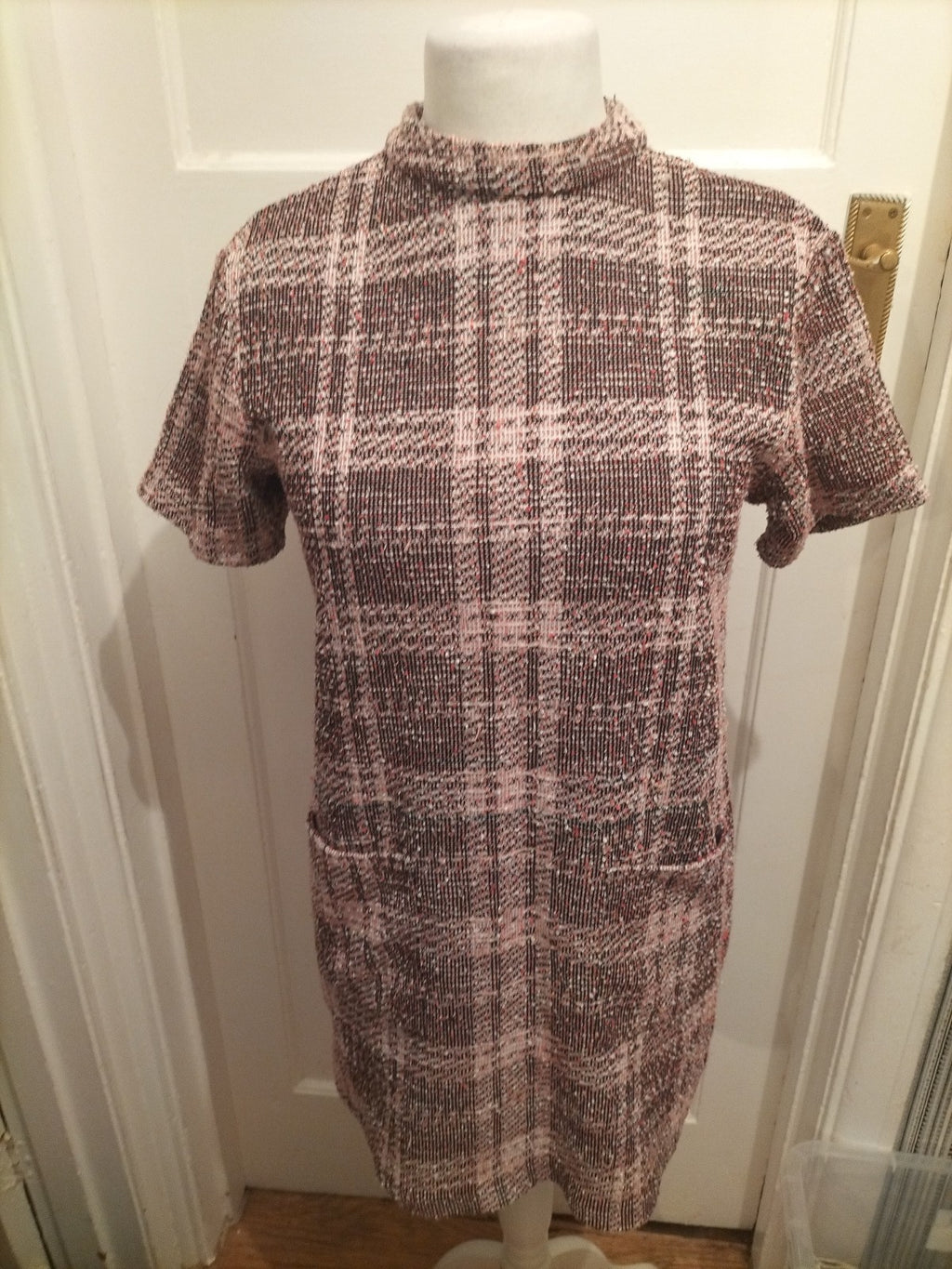 Ladies Next Size 12 Purple/Pink Check Short Sleeve Dress