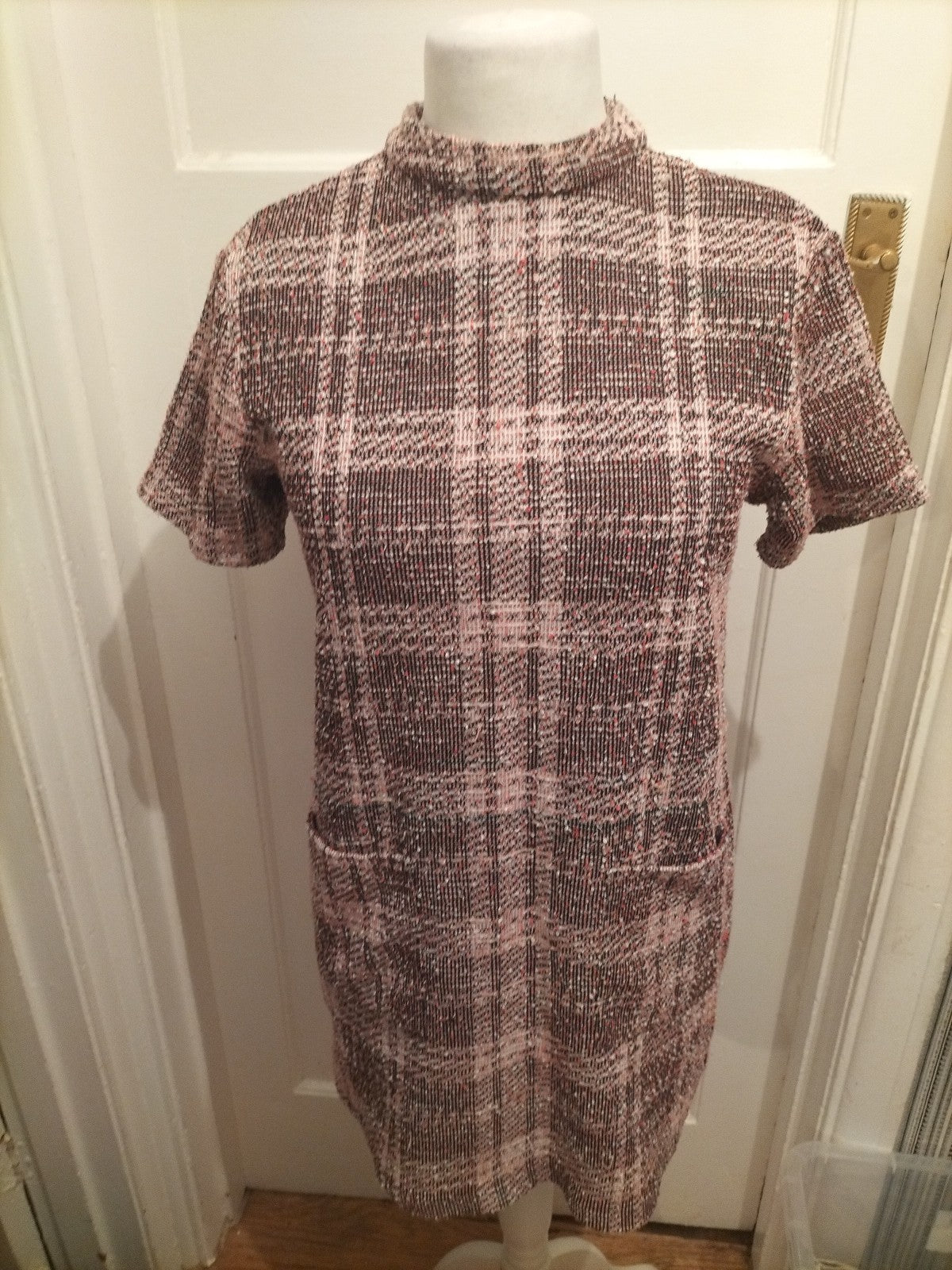 Ladies Next Size 12 Purple/Pink Check Short Sleeve Dress