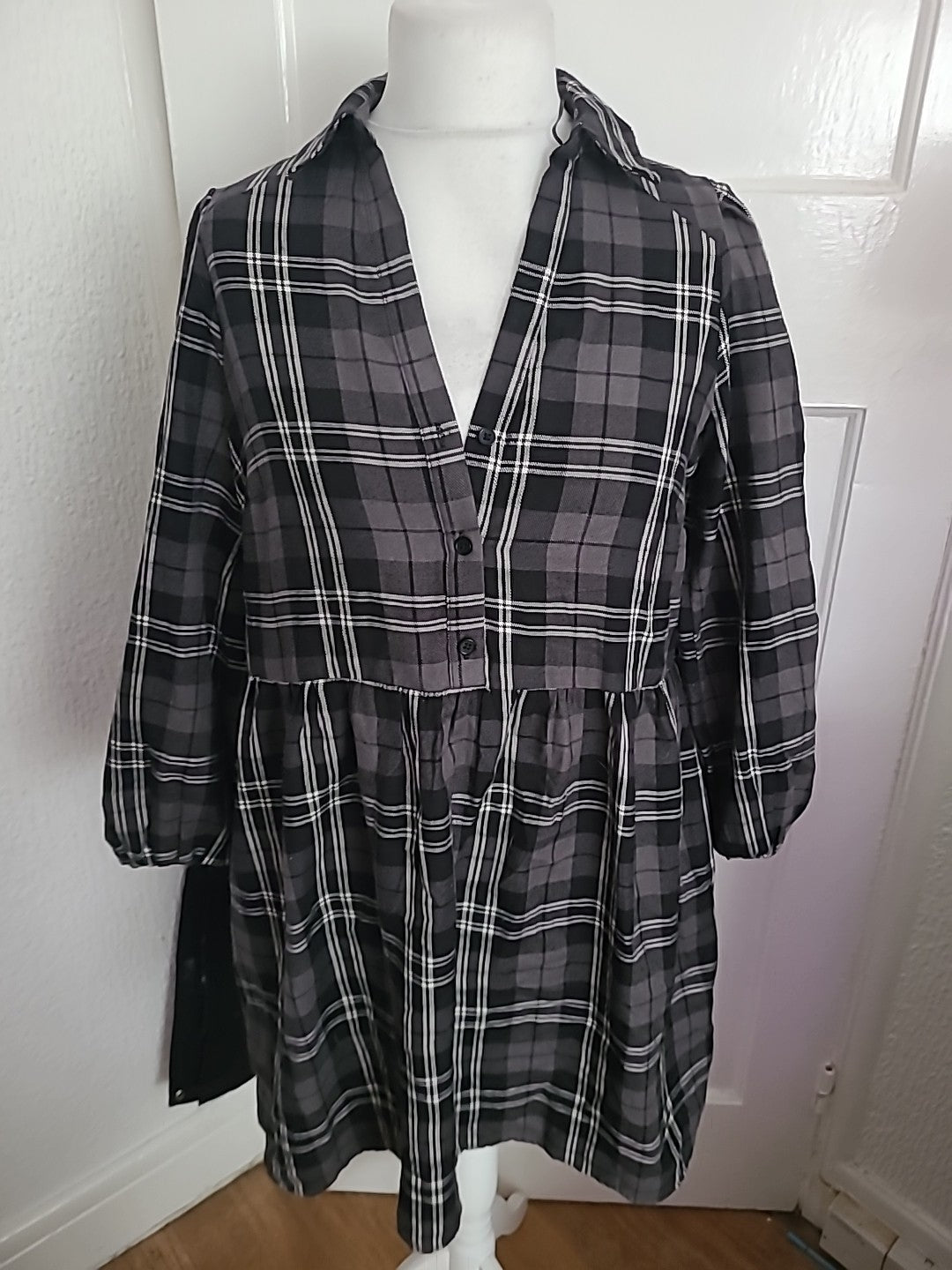 George 12 Black Grey And White Check Long Sleeved Dress