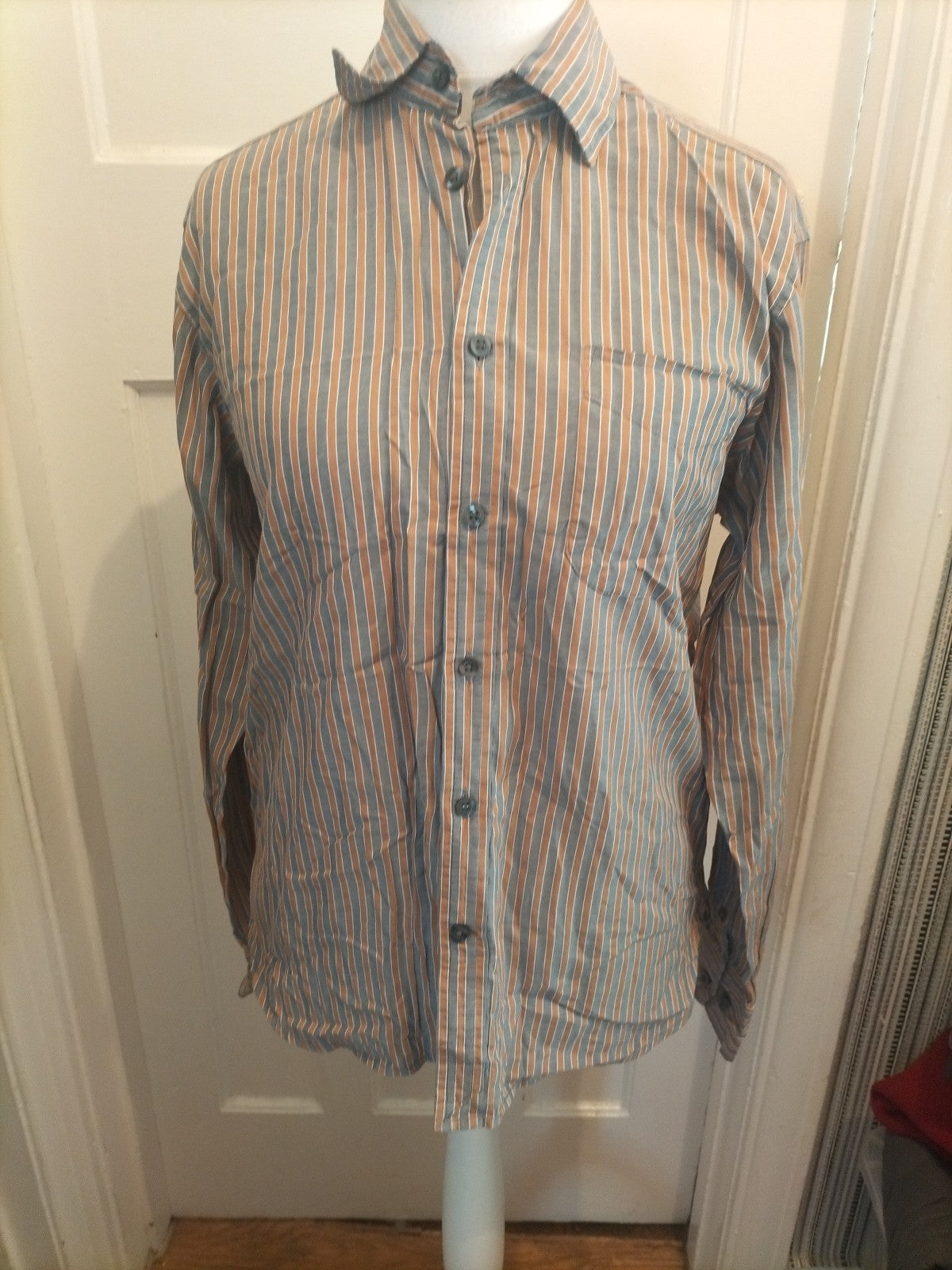 Mens Blue Harbour Size M Gold And Grey Striped Long Sleeved Shirt