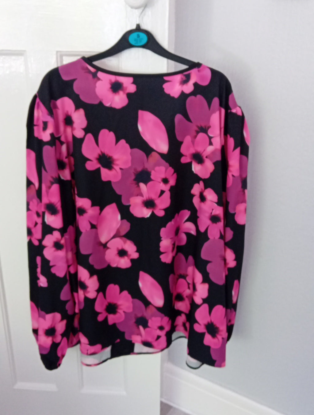 Ladies Black & Pink Blouse Long Sleeved Large Print Floral Size 5xl Free...