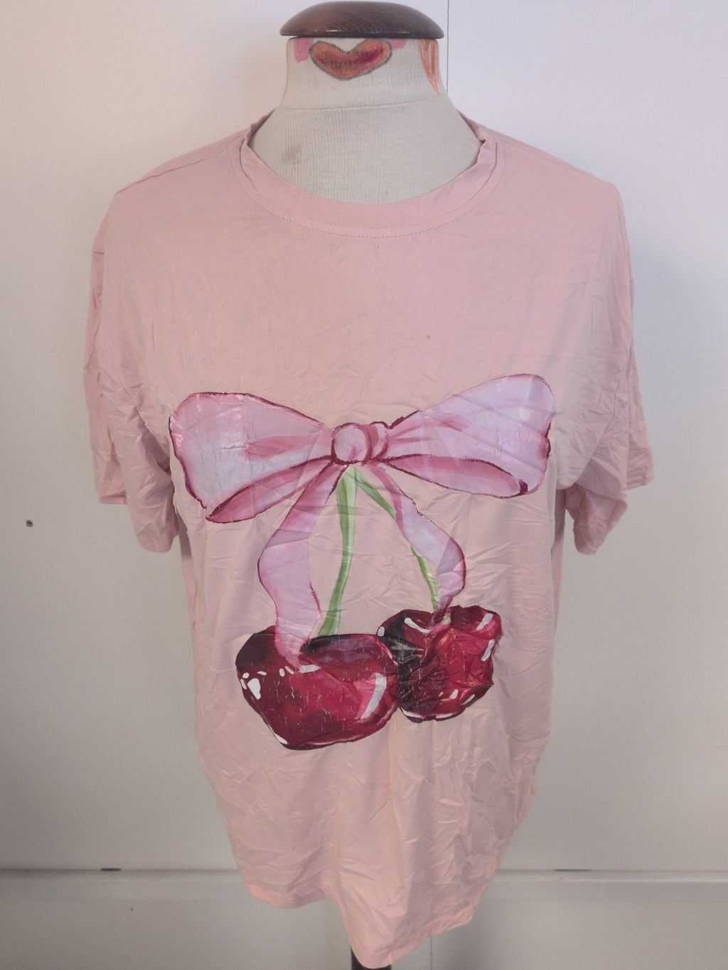 Girls Shein Age 14 Years Pink Cherry Bow Short Sleeve T-shirt Cracking