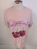 Girls Shein Age 14 Years Pink Cherry Bow Short Sleeve T-shirt Cracking