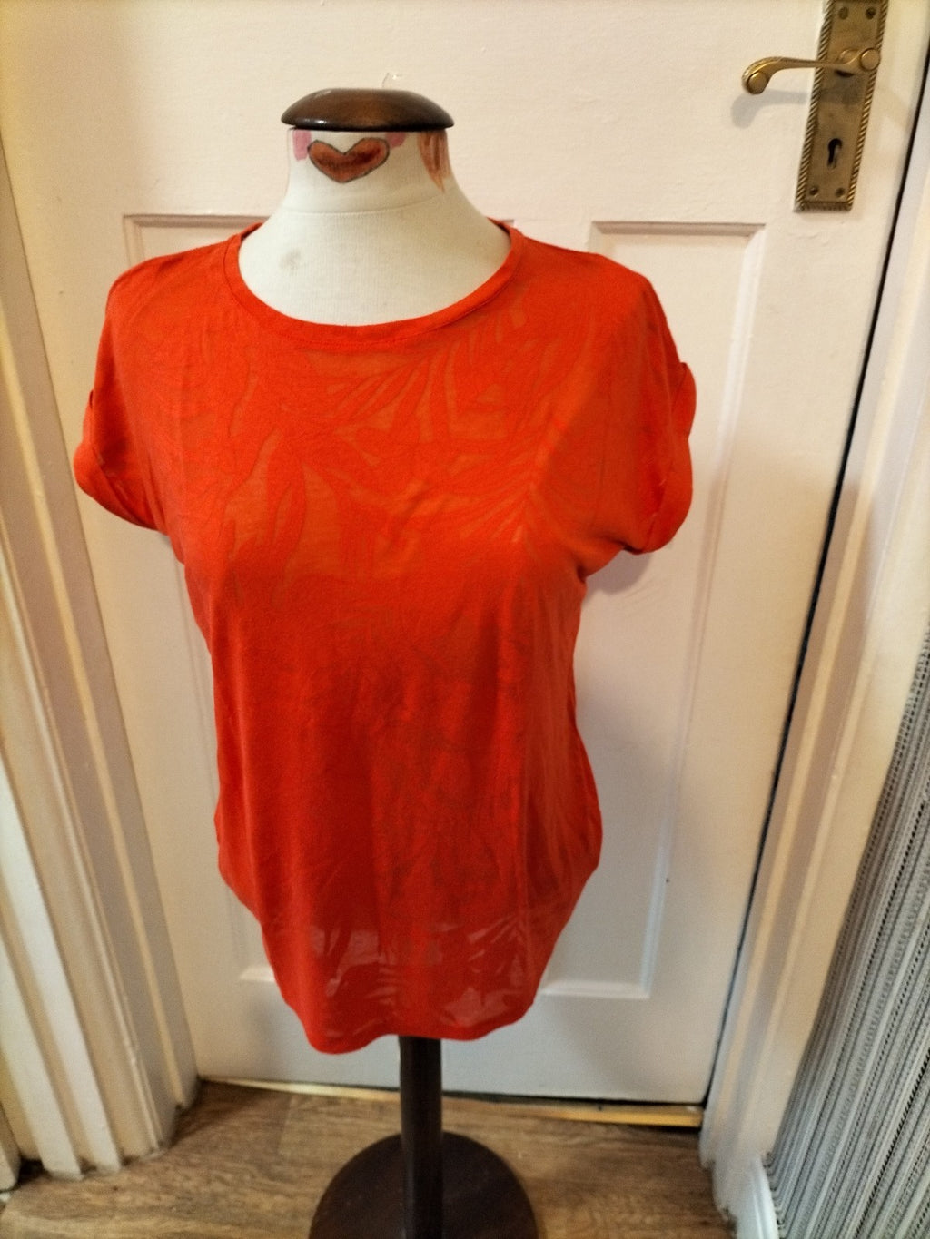 Ladies F&F Size 10 Hot Orange Floral Short Sleeved Tshirt
