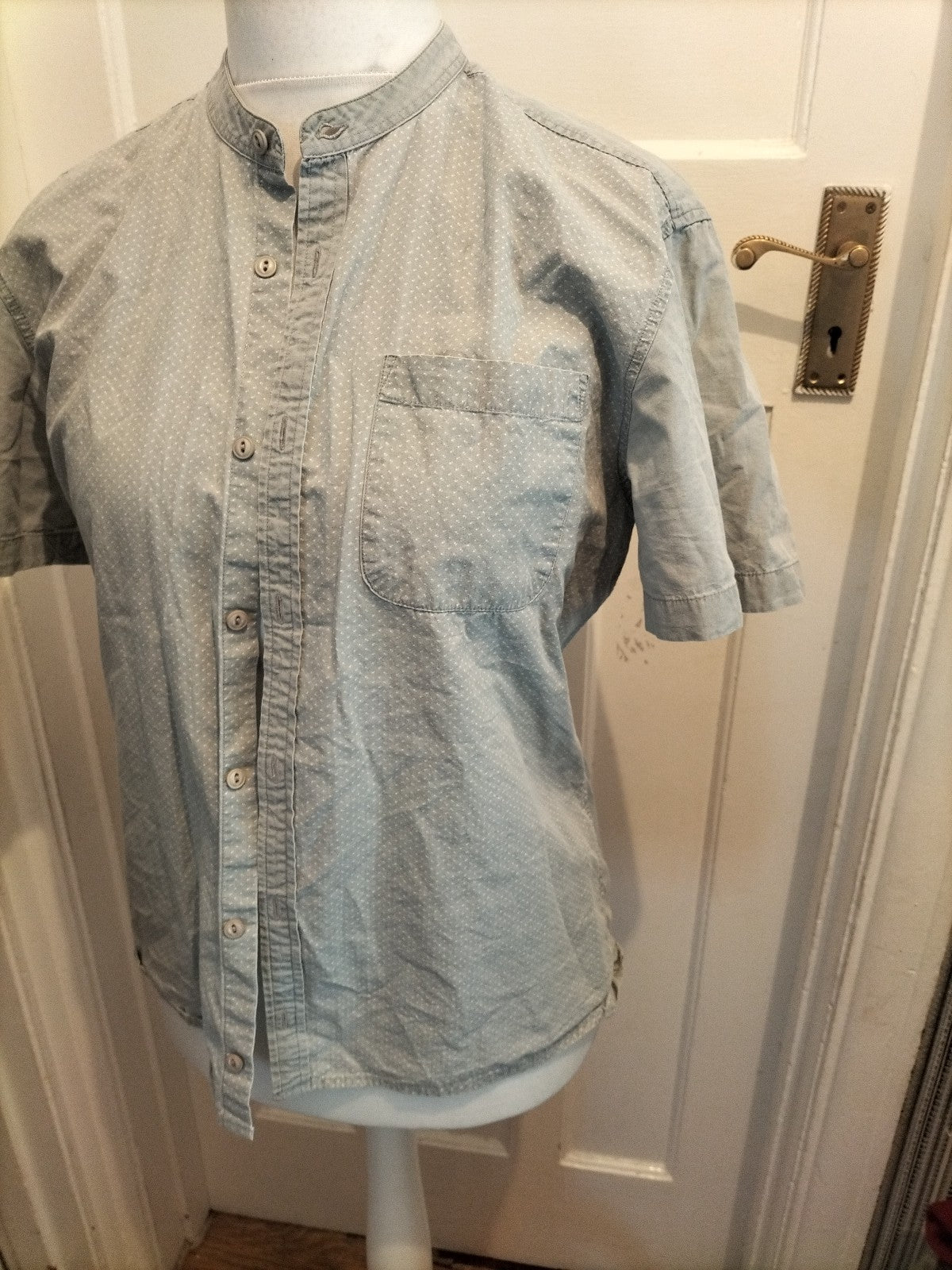 Mens River Island Size M Grey And White Dotty Shirt Short Sleeve