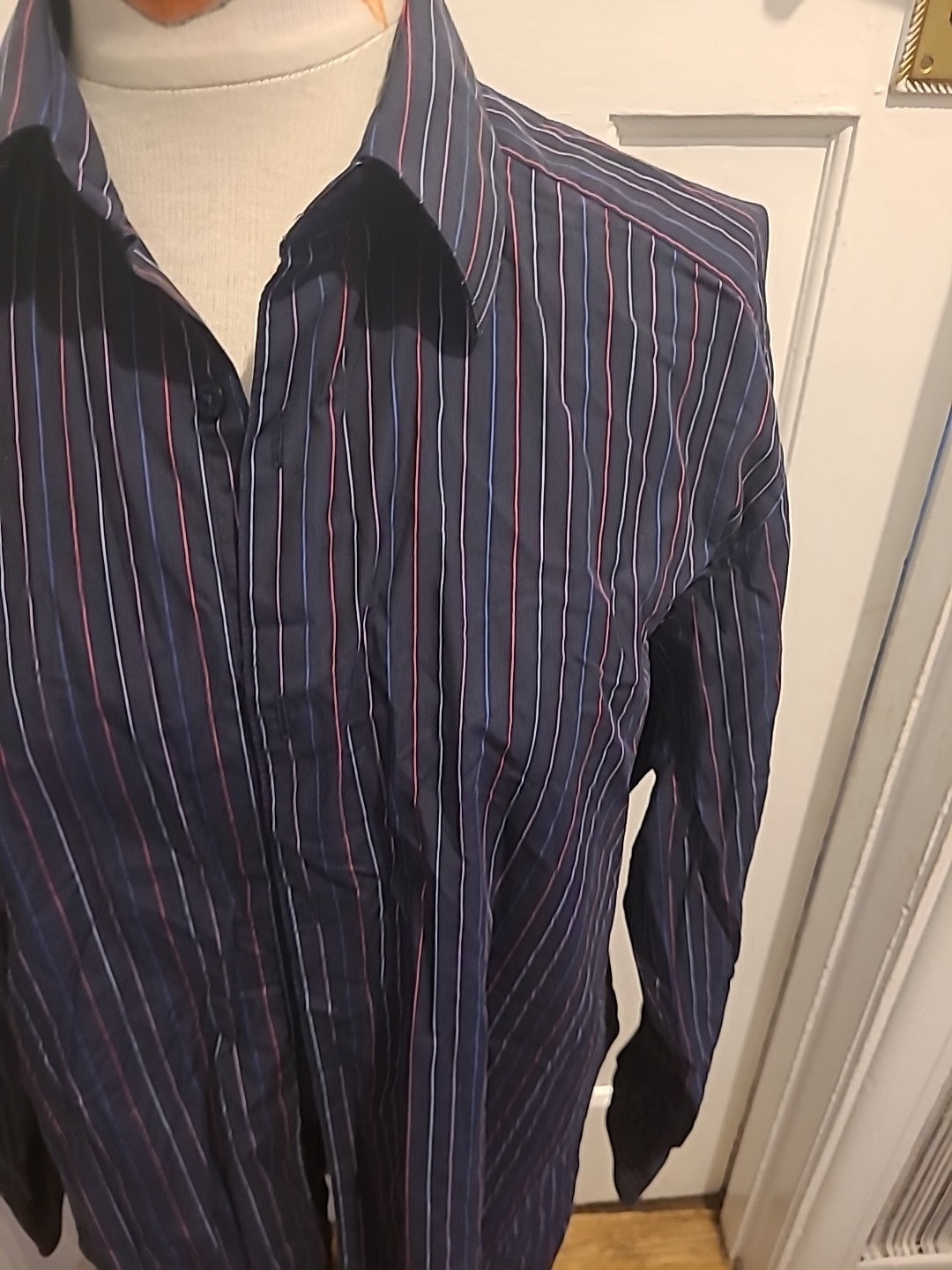 Mens Marks And Spencer 16.5" Pure Cotton Long Sleeve Black Blue And Red Striped