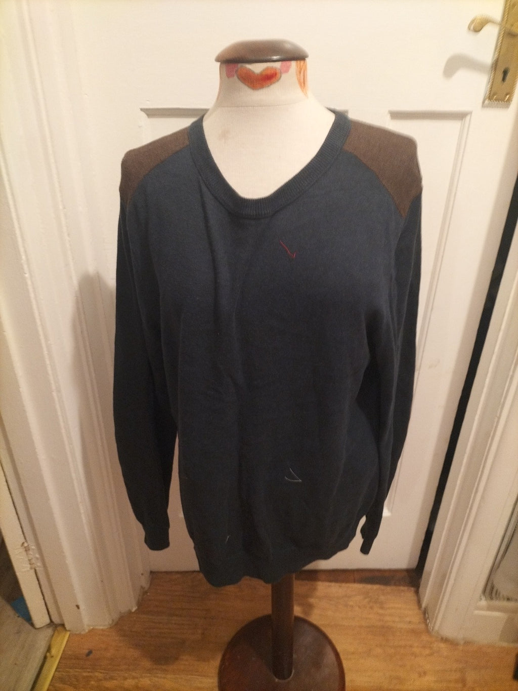 Mens Next Size Medium Navy With Brown Shoudlers Pullover Jumper