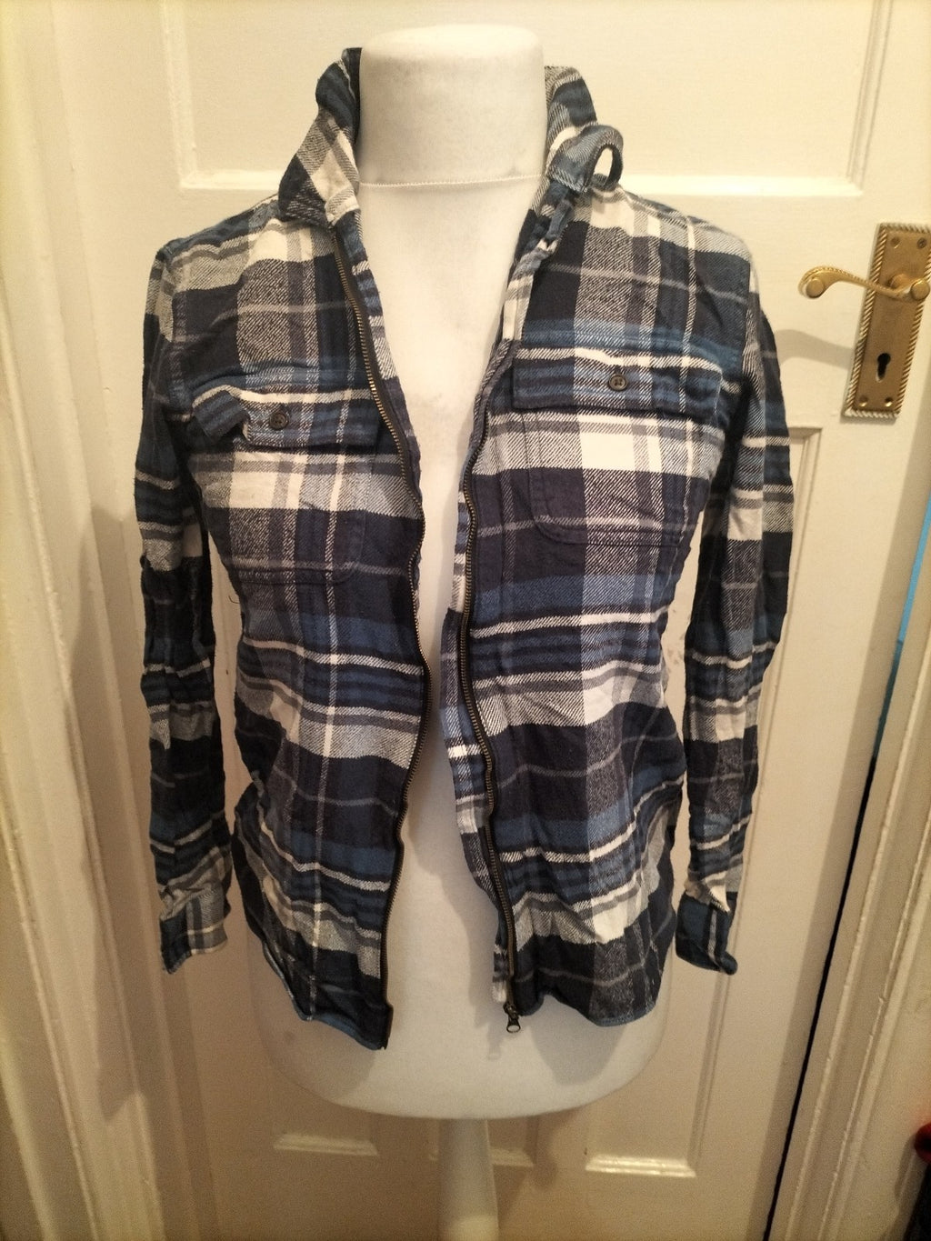 Mens Chaps Size Small Navy Check Full Zip Shirt