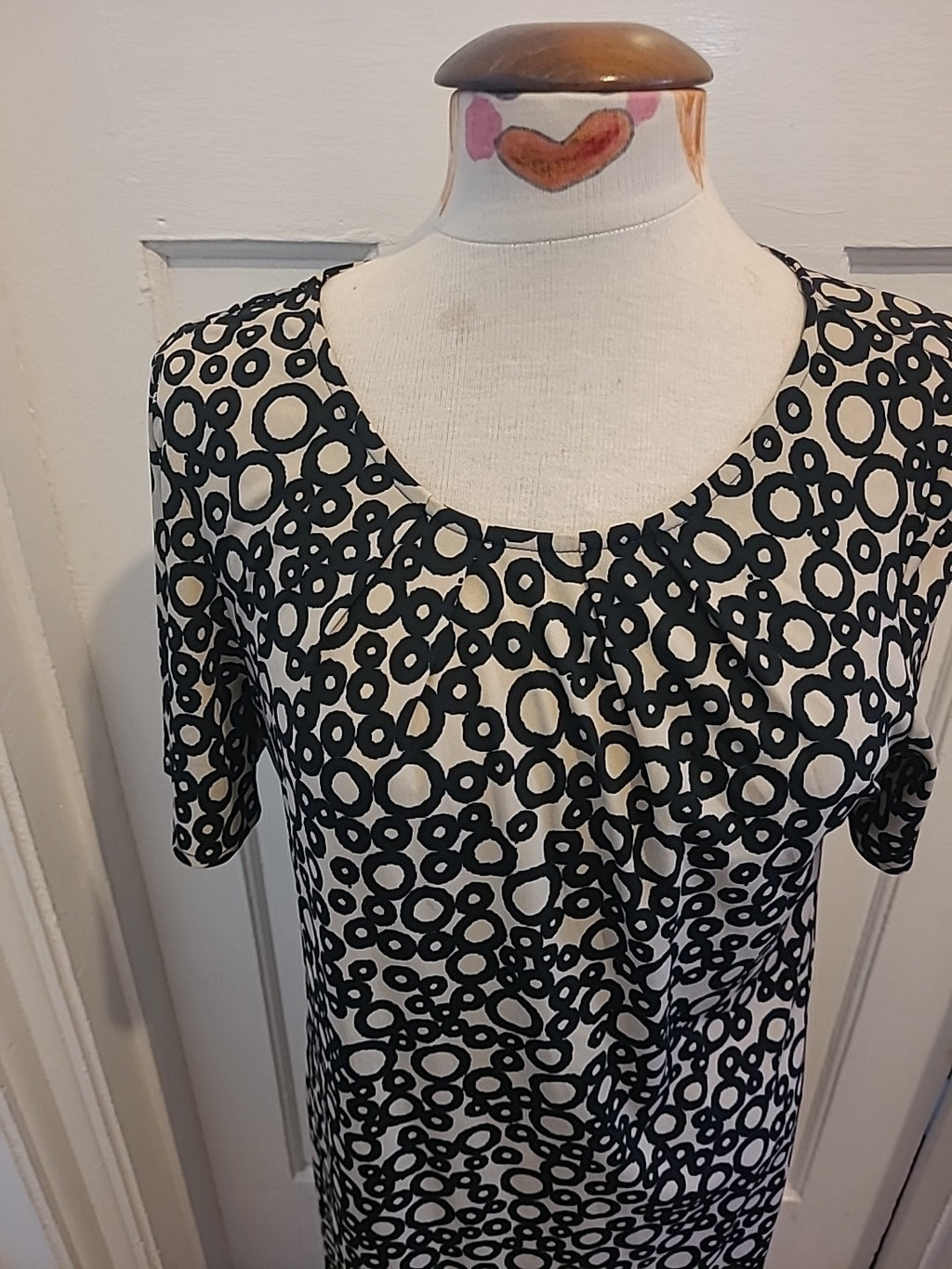 Ladies M+S Size 14 Light Brown Black Circle Design Short Sleeved Dress