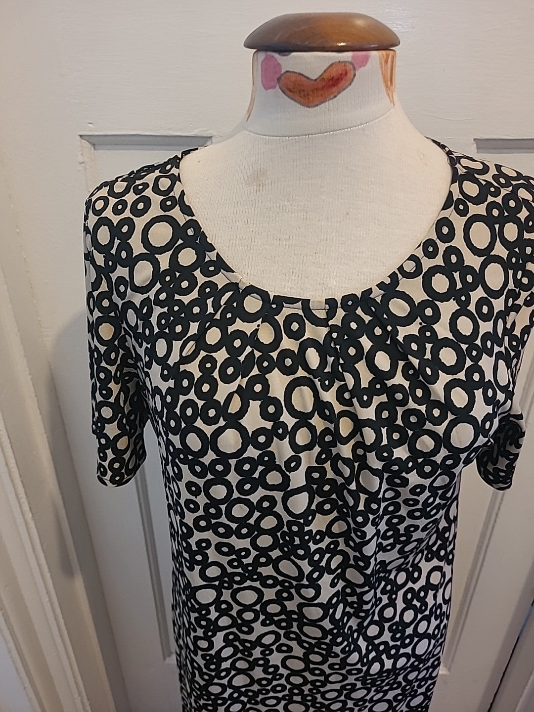 Ladies M+S Size 14 Light Brown Black Circle Design Short Sleeved Dress