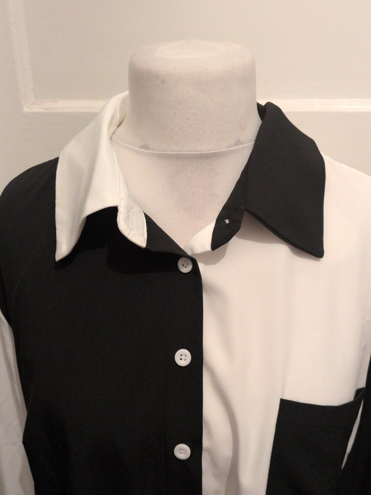 XL Half And Half Black And White Buttoned Collared Blouse Long Sleeve