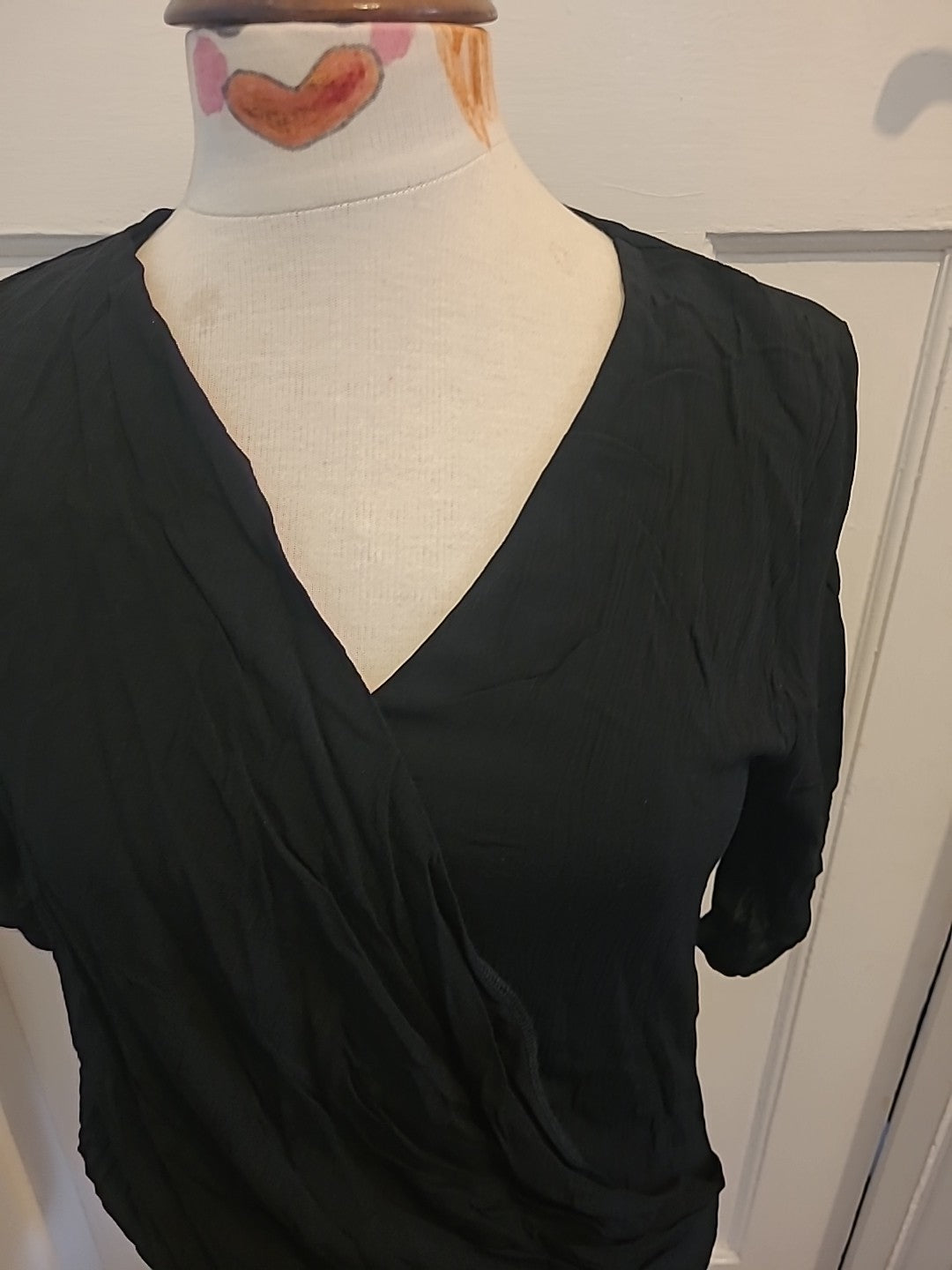 Ladies M+S Size 8 Black Scoop Detailed Front Short Sleeved Blouse