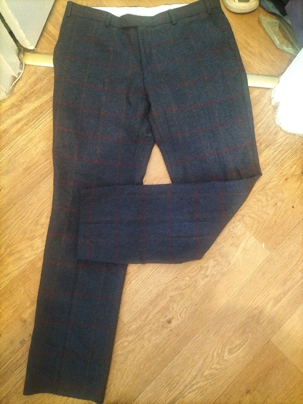 Mens 36" Long Navy With Red And Orange Wool Blend Trousers