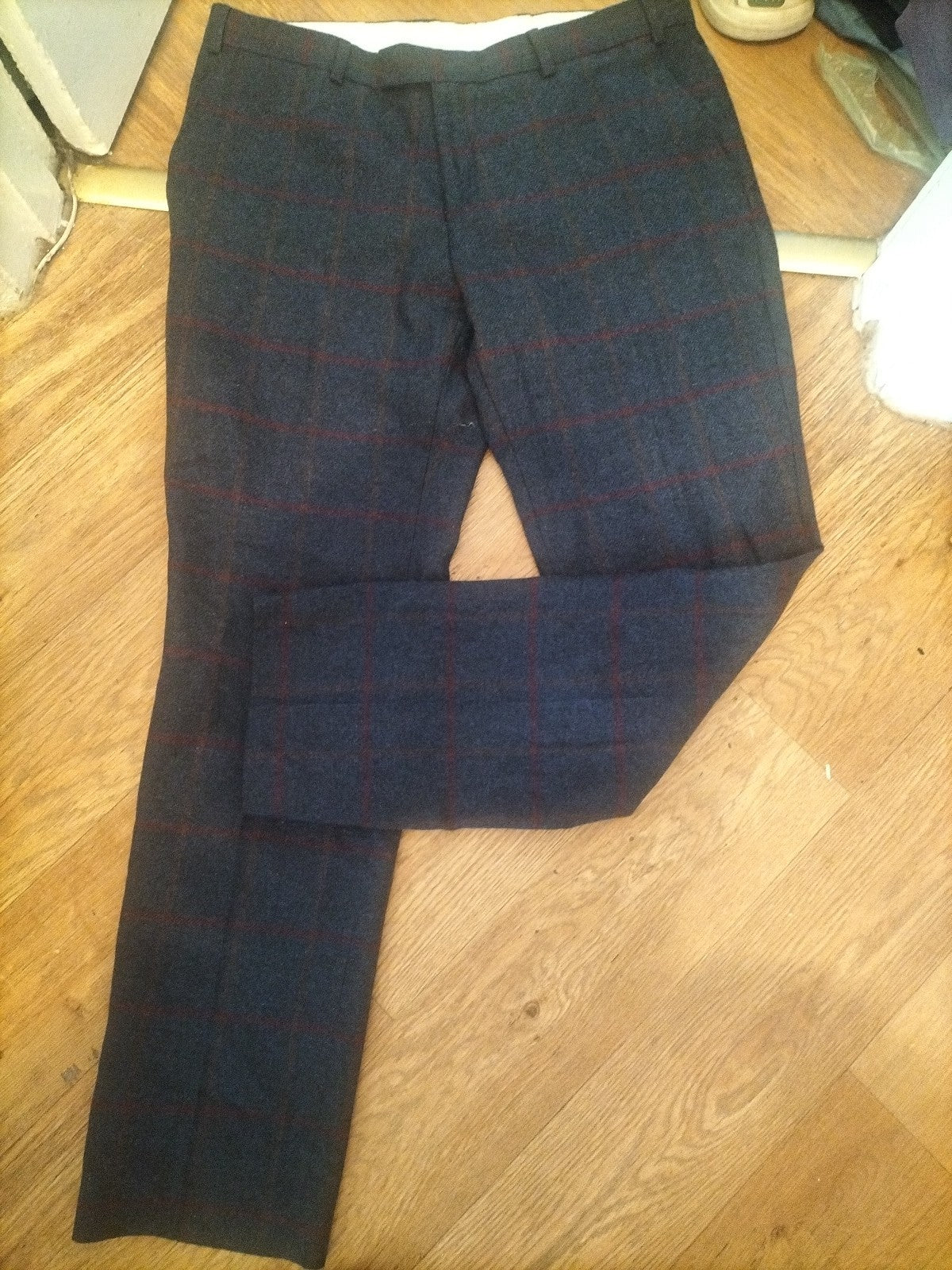 Mens 36" Long Navy With Red And Orange Wool Blend Trousers