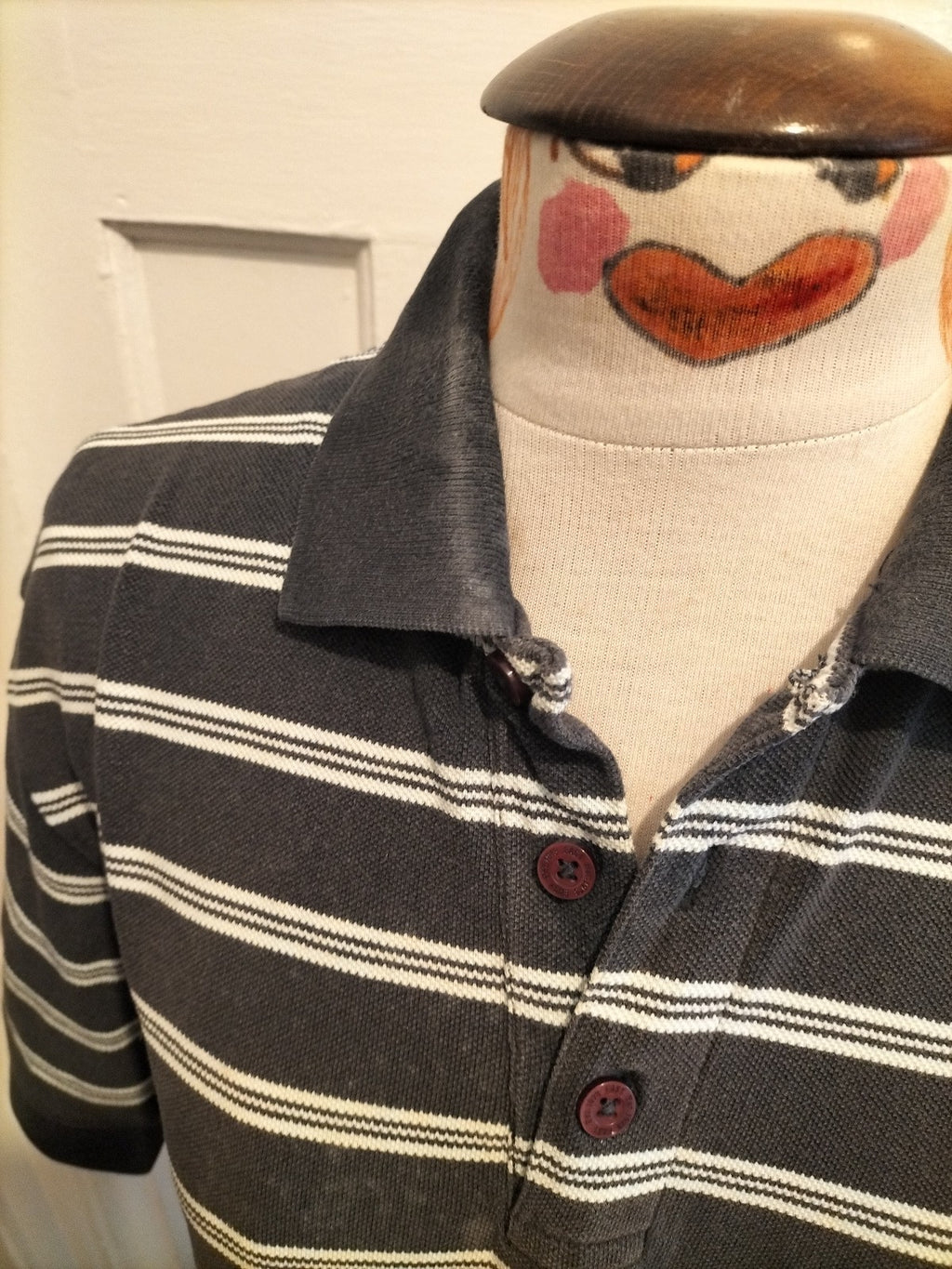 Mens Easy Size Medium Navy/White Striped Polo(neck Marked)