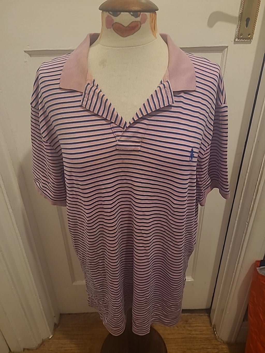 Mens Ralph Lauren Size Large Pink Navy Striped Short Sleeved Polo Shirt