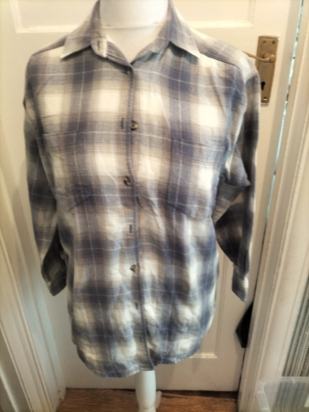 Size 12 Blue/Grey/White Check Long Sleeve Buttoned Blouse Shirt