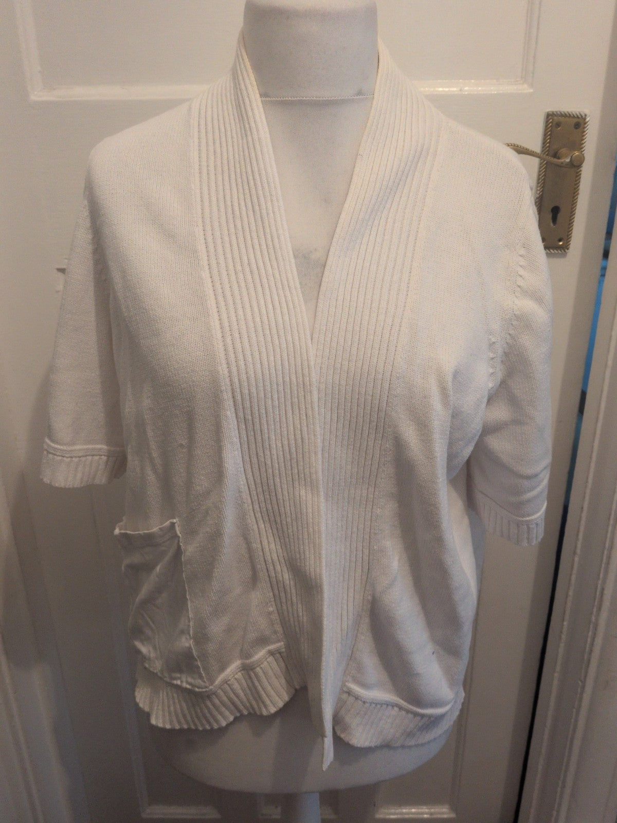 Profile Medium White Ribbed Short Sleeve Open Blouse
