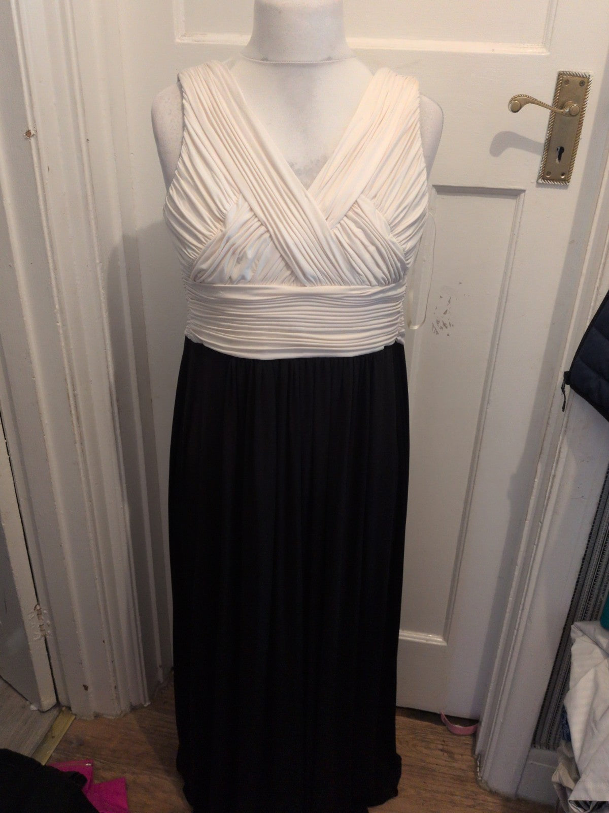 John Lewis 14-16 Cream And Black V Neck Ruffle Sleeveless Long Length Dress