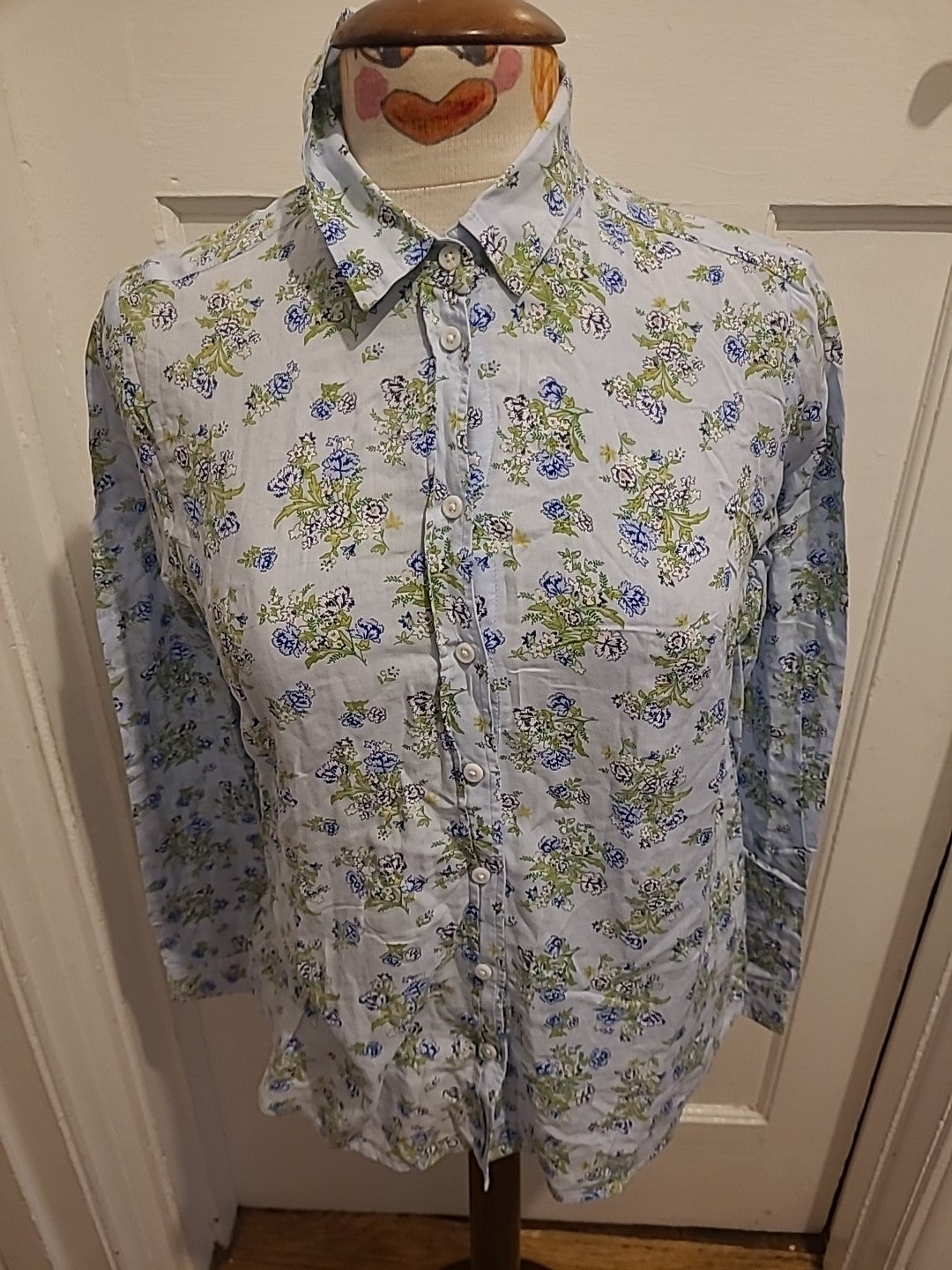 Ladies Marks And Spencer Size 10 Ivory/Green/Blue Long Sleeved Buttoned...