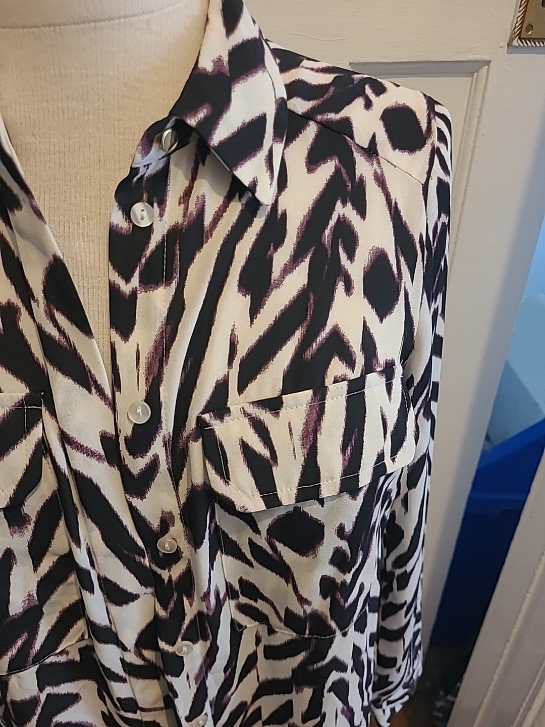 Ladies Primark Size 8 Purple Black Cream Long Sleeved Blouse