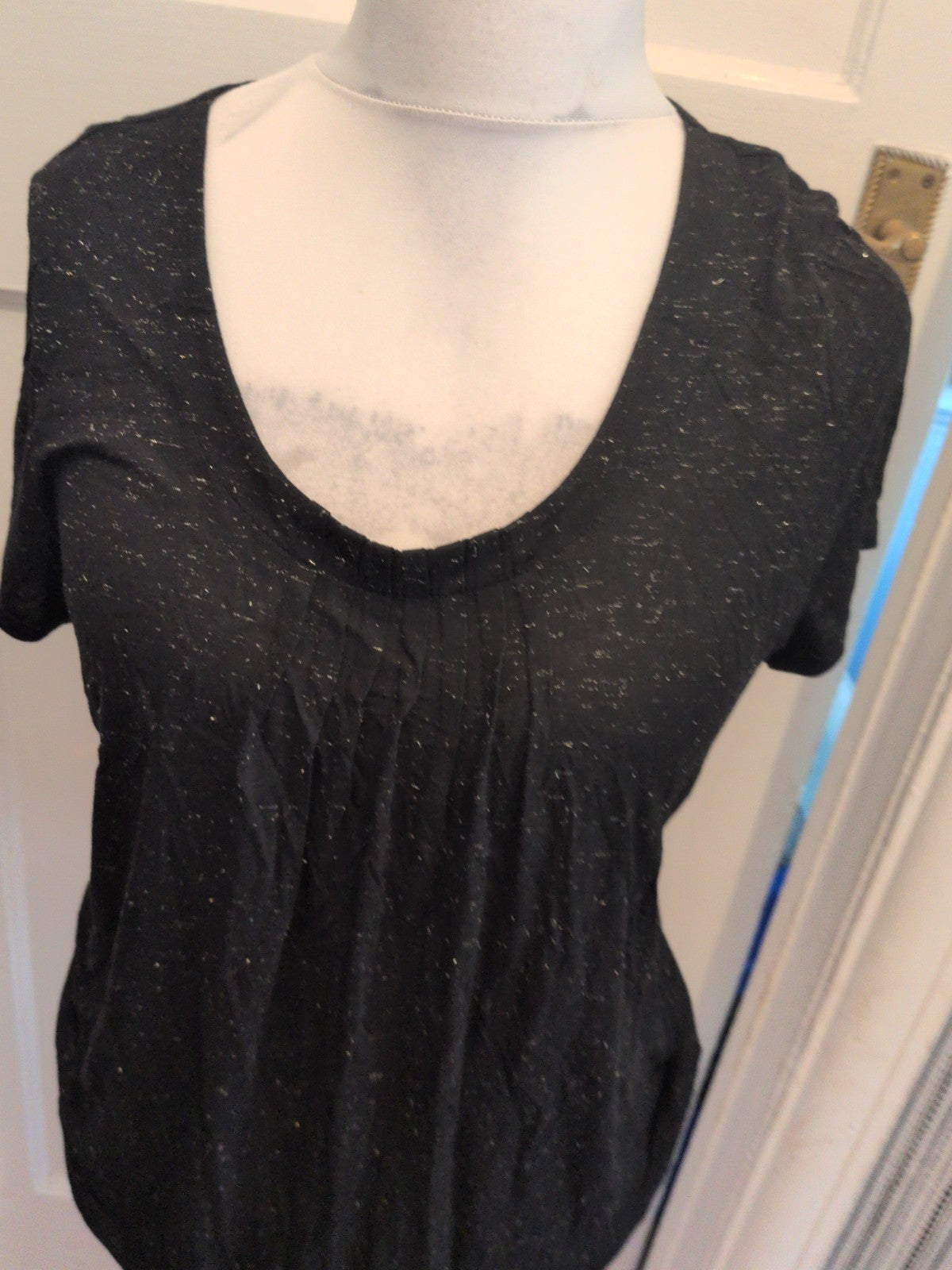 Marks And Spencer 14 Black With Gold Fleck Dashes Short Sleeved T-shirt Blouse