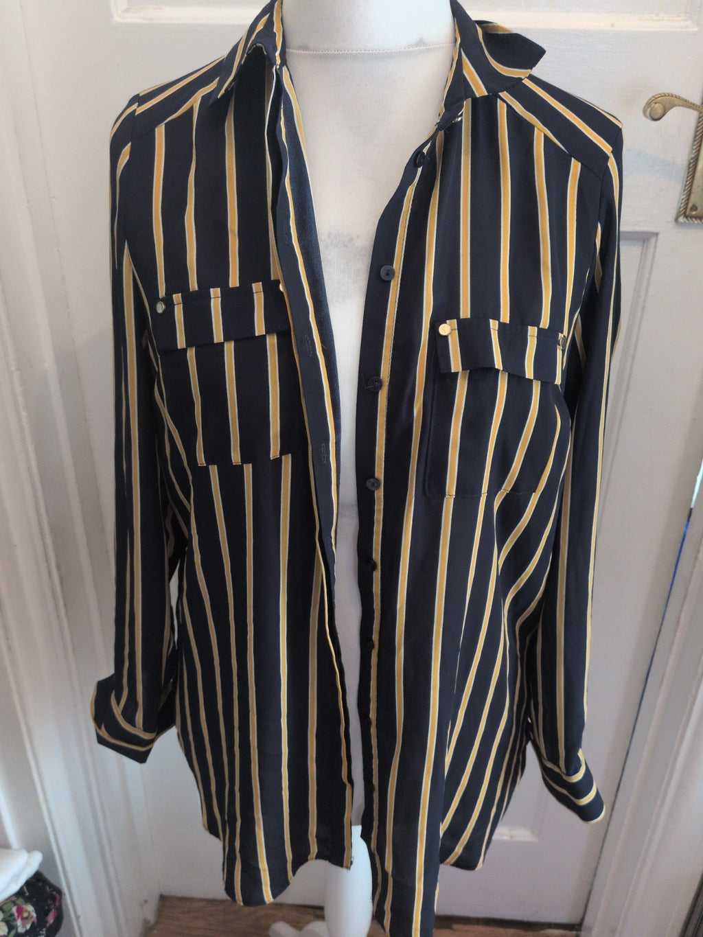 Primark 12 Navy And Yellow Stripe Long Sleeve Collared Buttoned Blouse
