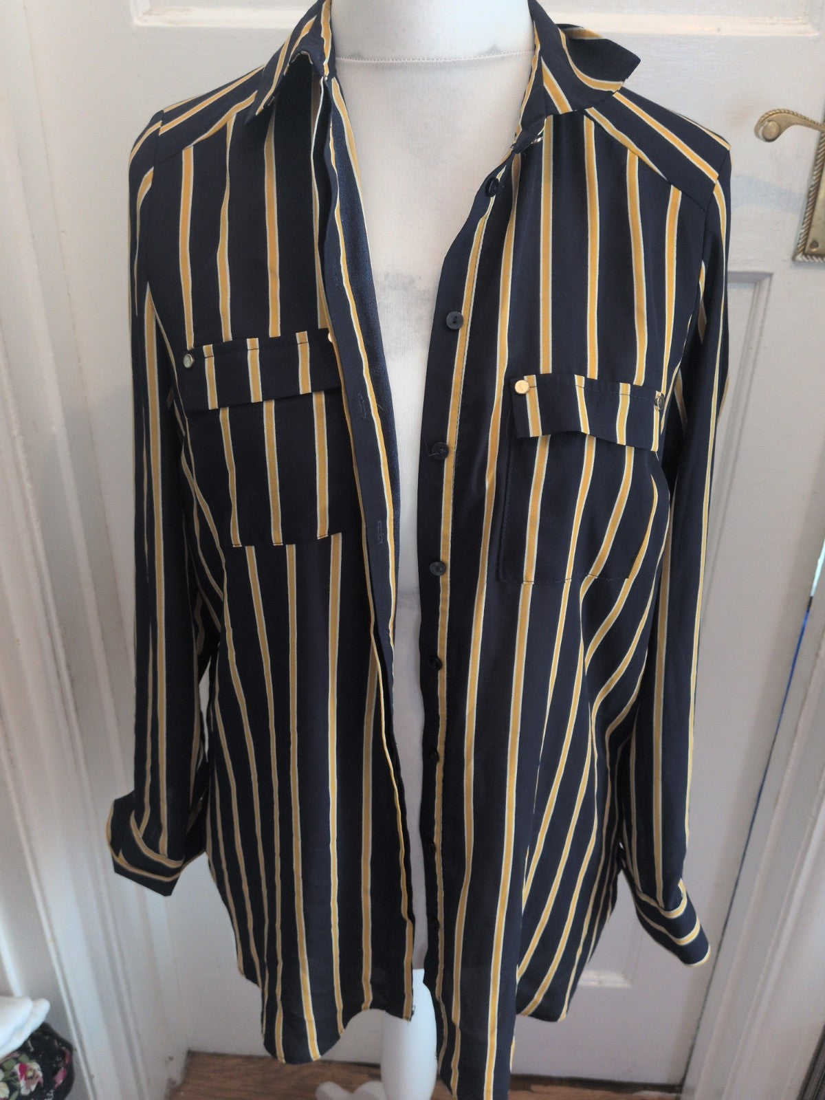 Primark 12 Navy And Yellow Stripe Long Sleeve Collared Buttoned Blouse