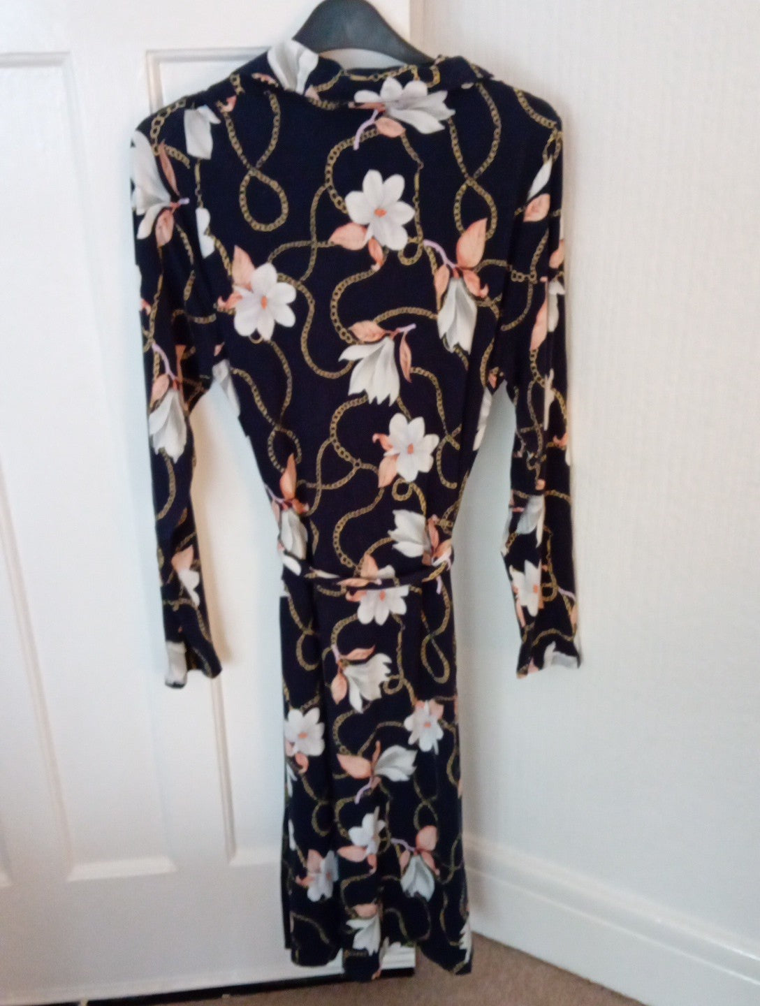 Ladies Cotton Traders Dress With Belt Long Sleeved Navy Chain Design Size 12