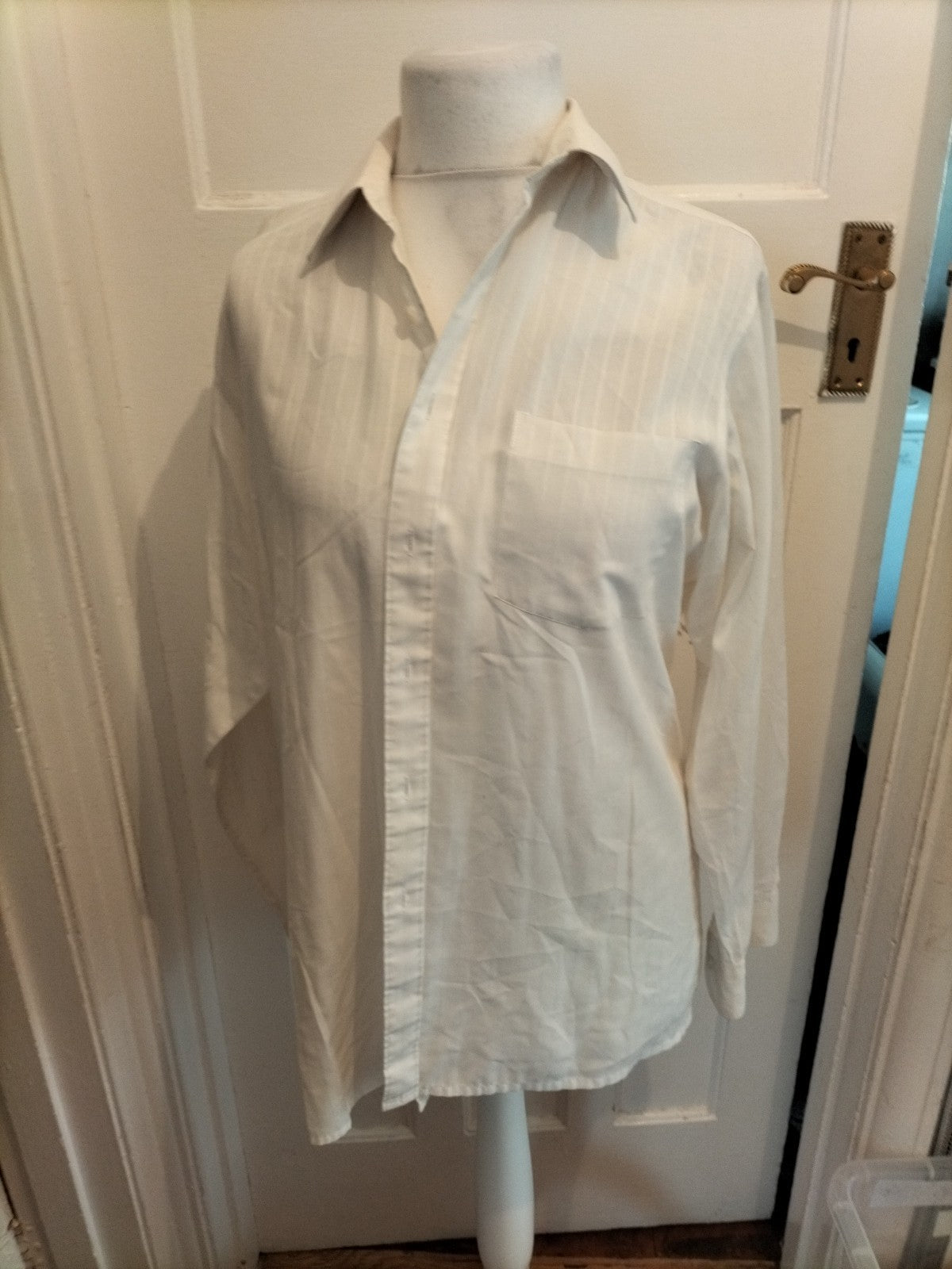 Mens Canda Size 15.5 Ivory Striped Long Sleeved Shirt Slight Marked Neck