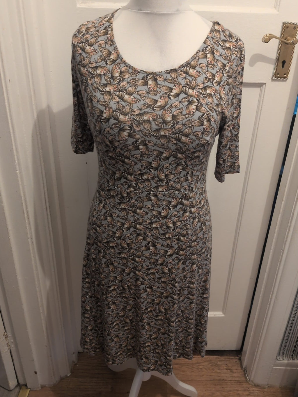 Ladies Next Size 12 Grey Butterfly Short Sleeve Dress