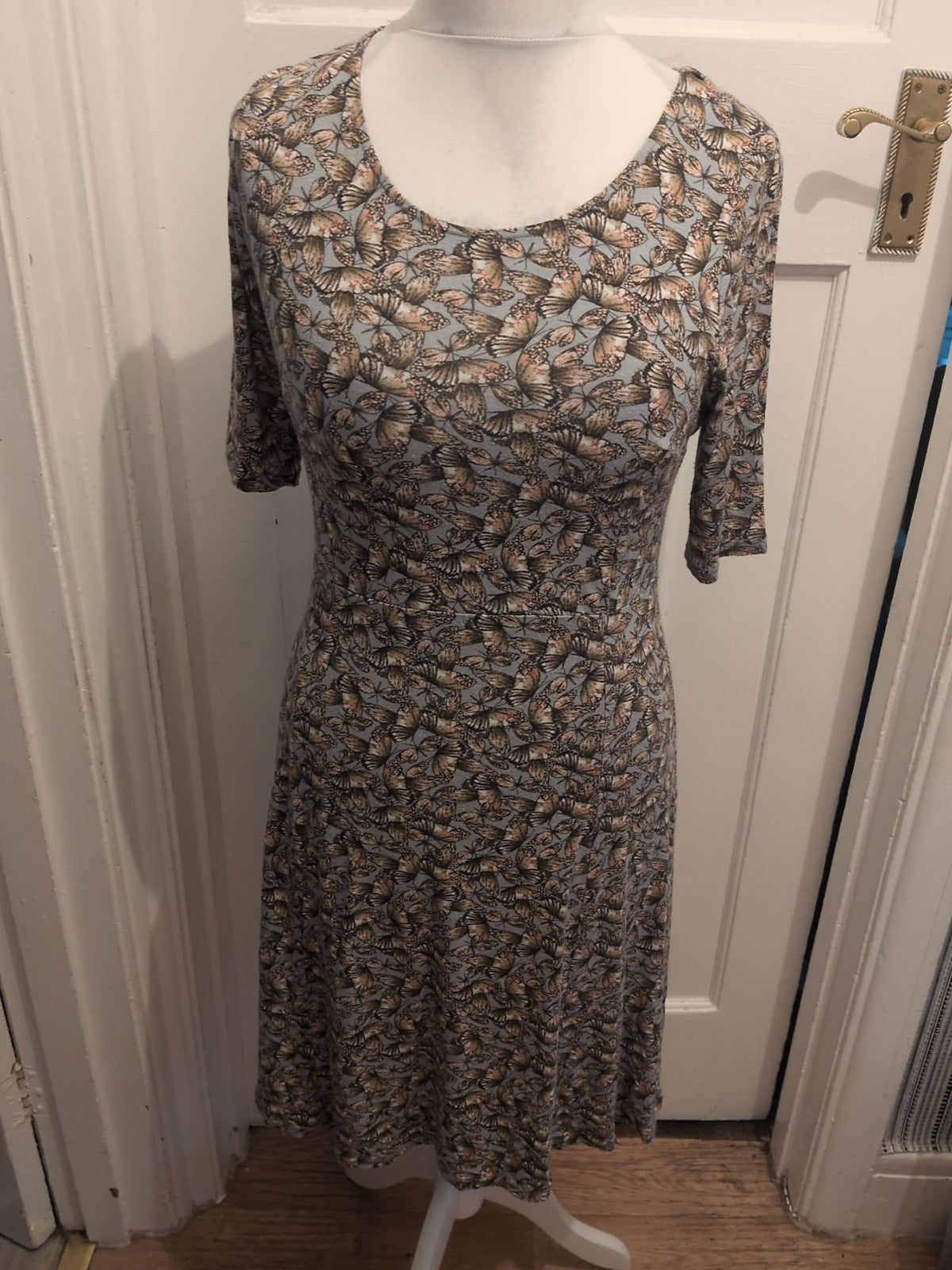 Ladies Next Size 12 Grey Butterfly Short Sleeve Dress