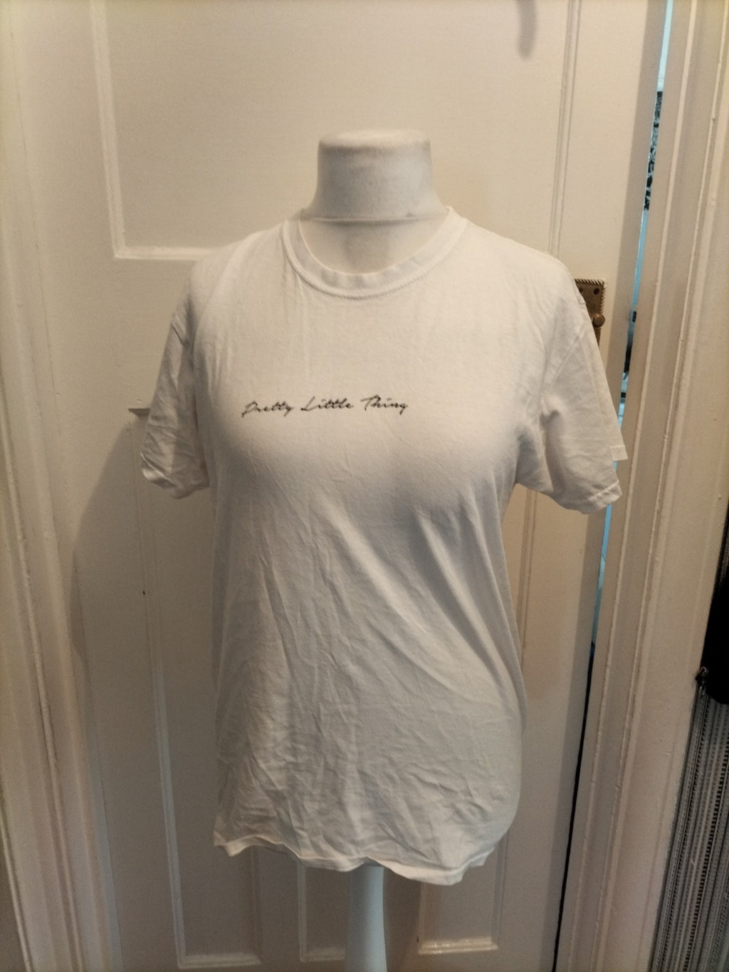 Ladies Prettylittlething Size Small White Print Short Sleeved Tshirt