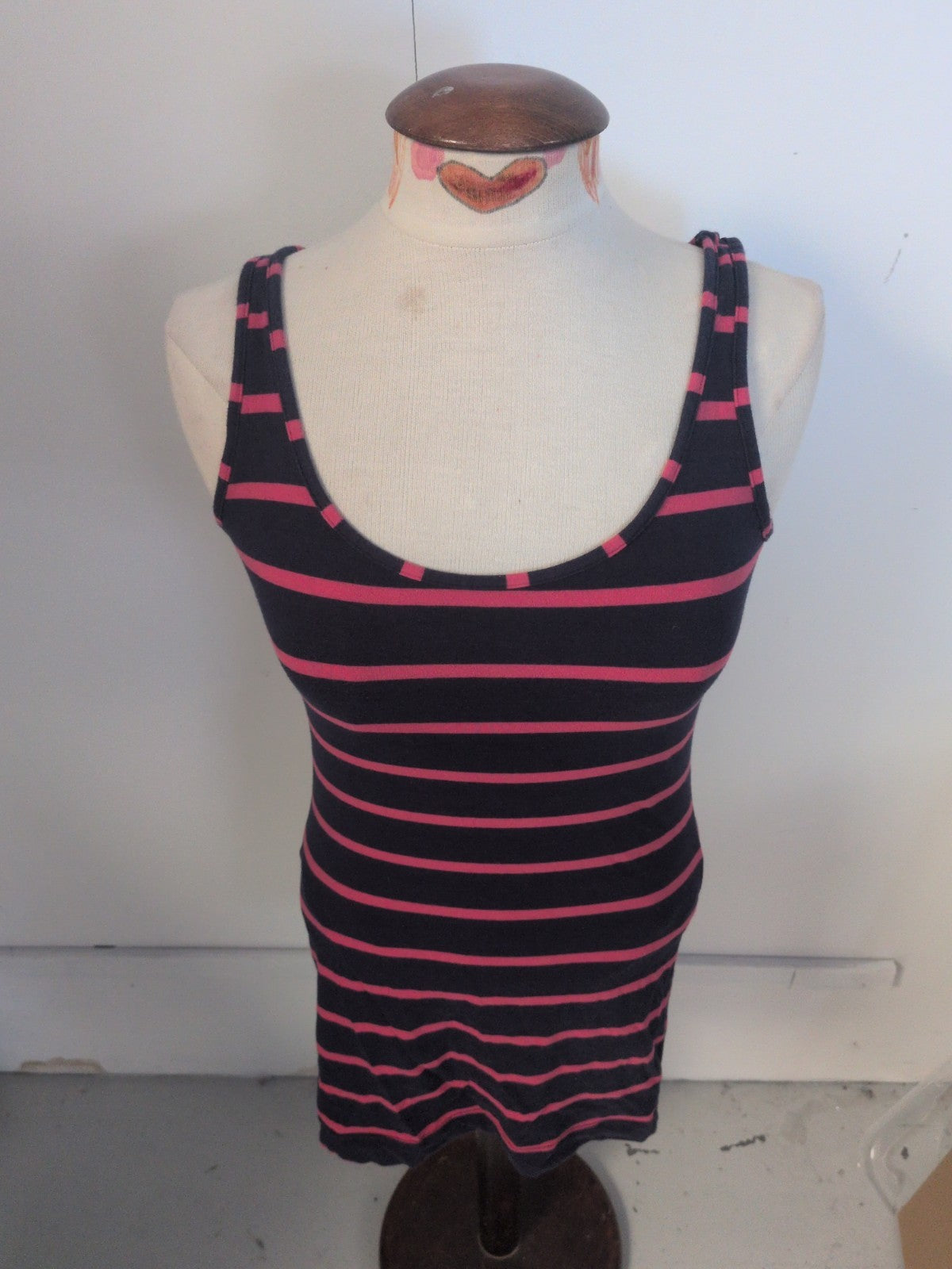 Topshop 10 Navy And Cerise Stripe Sleeveless Longline T-shirt
