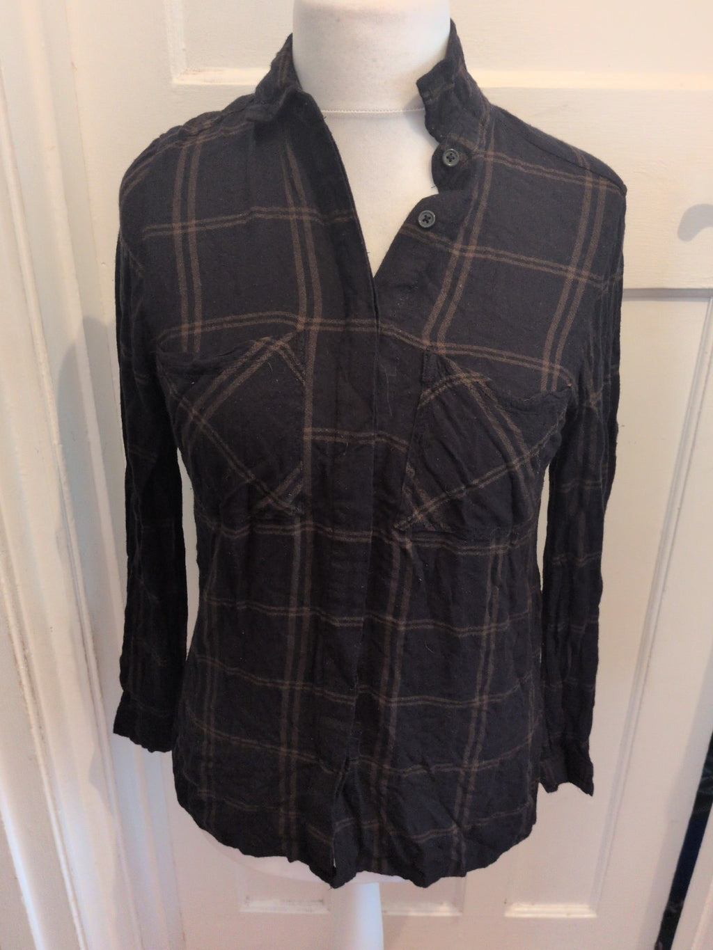 New Look 10 Black And Brown Long Sleeve Blouse Collared Buttoned