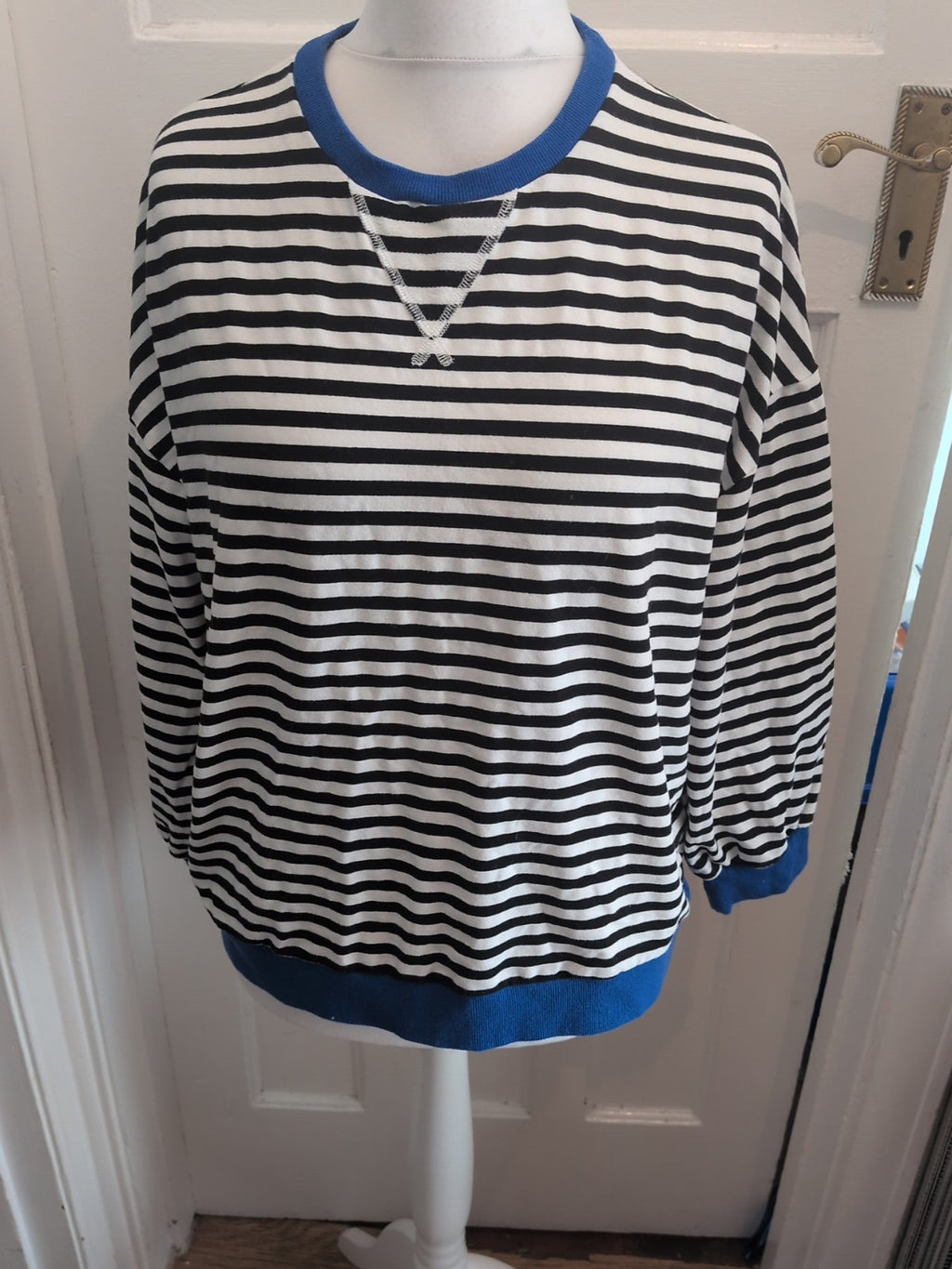 Large Black And White With Blue Trim Stripe Jumper
