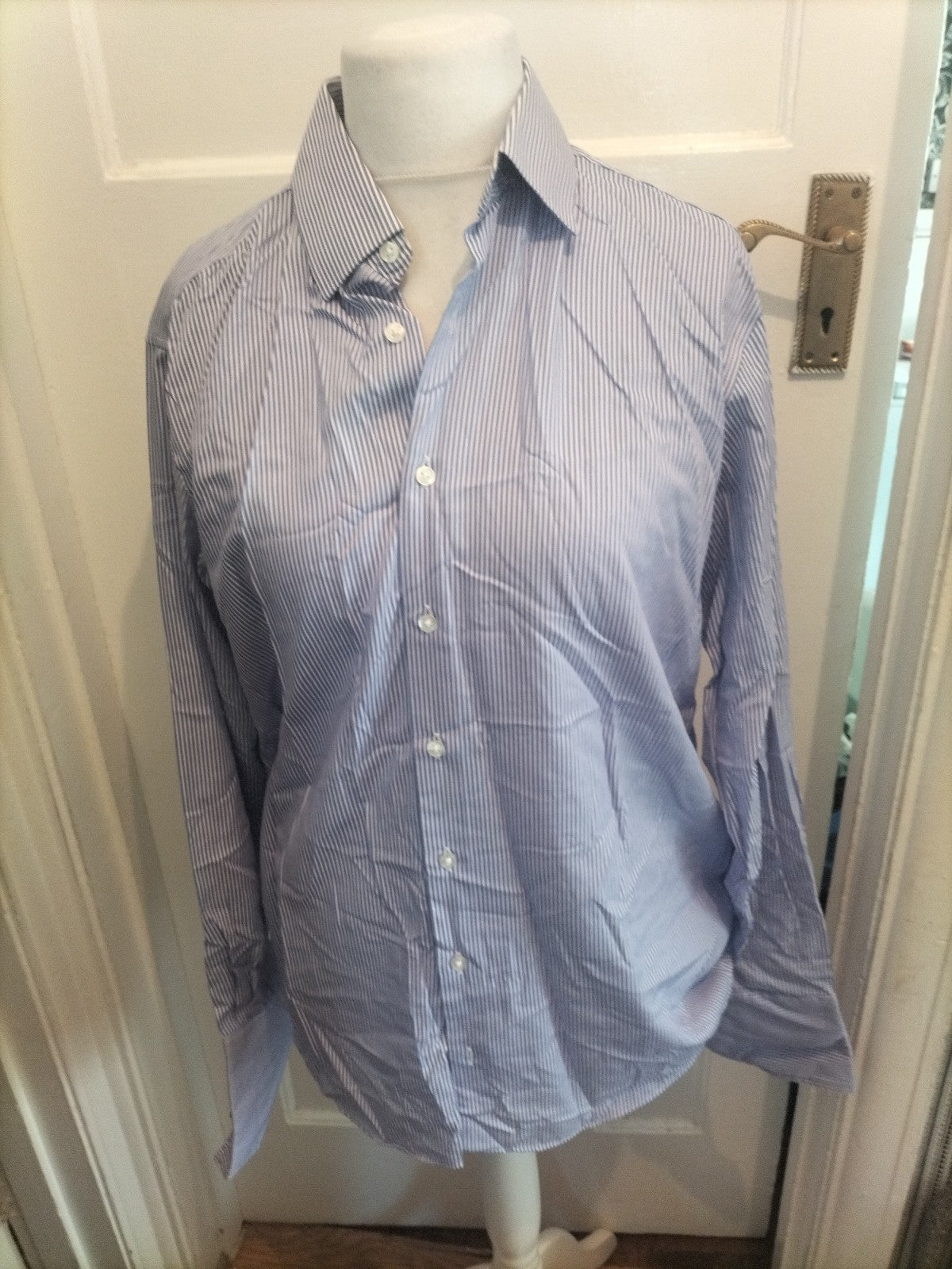 Mens M&S Man Size 16" Purple And White Striped Ultimate Non Iron Shirt