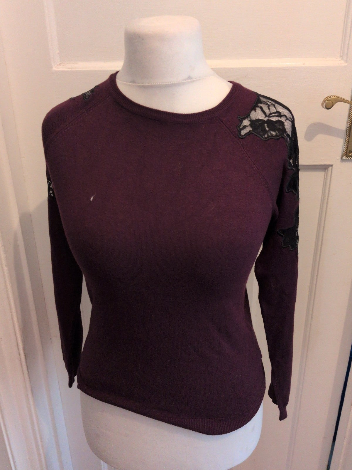 Debenhams 10 Deep Purple With Black Lace Sleeve Jumper