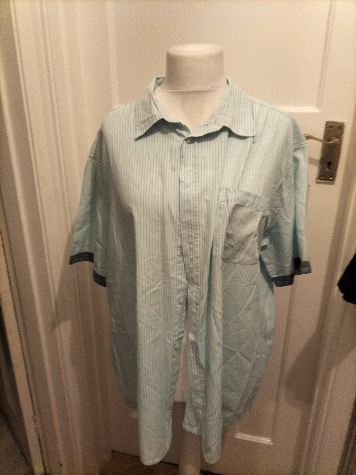Mens Atlas Size 3XL Aqua Blue Striped Short Sleeved Shirt