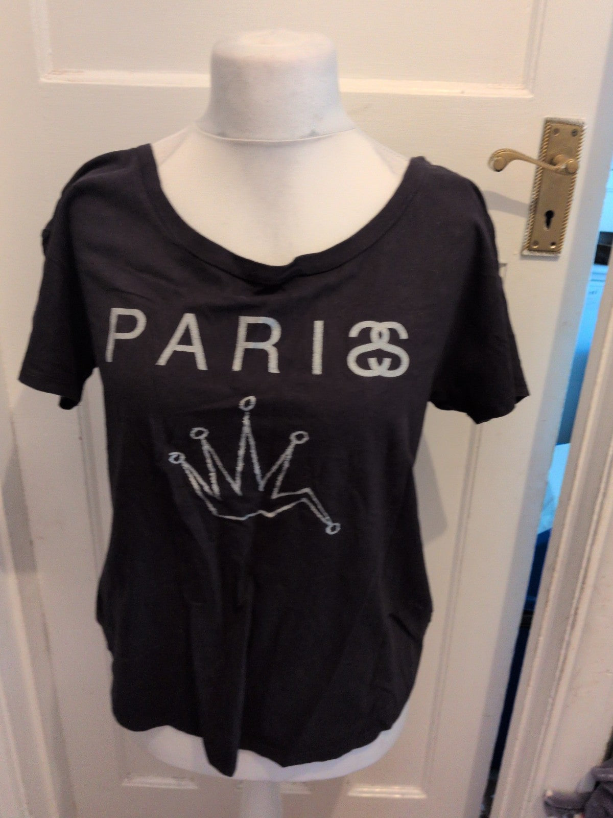 Ladies Medium Black Paris Print Short Sleeve T-shirt