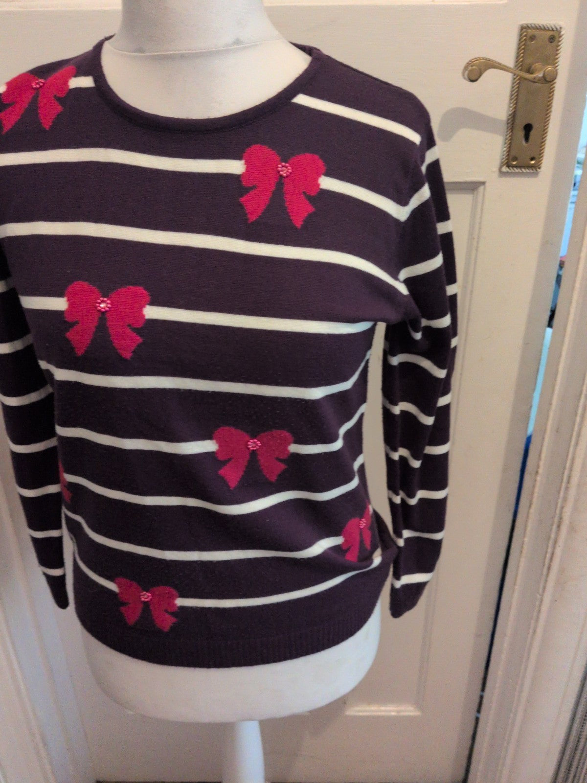 Ladies Mud Flower Size S/M Purple Stripe Bow Pullover Jumper