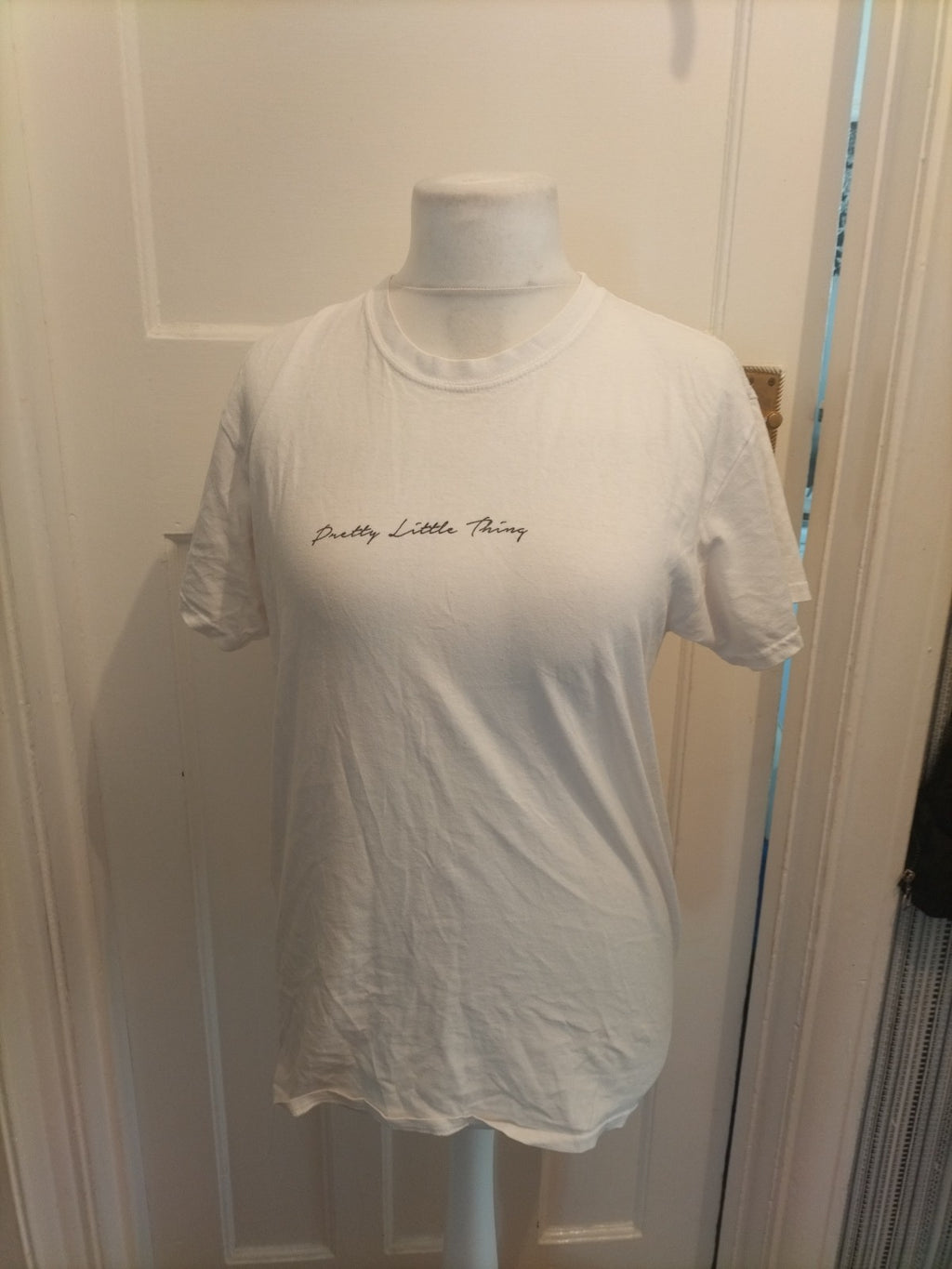 Ladies Prettylittlething Size Small White Print Short Sleeved Tshirt
