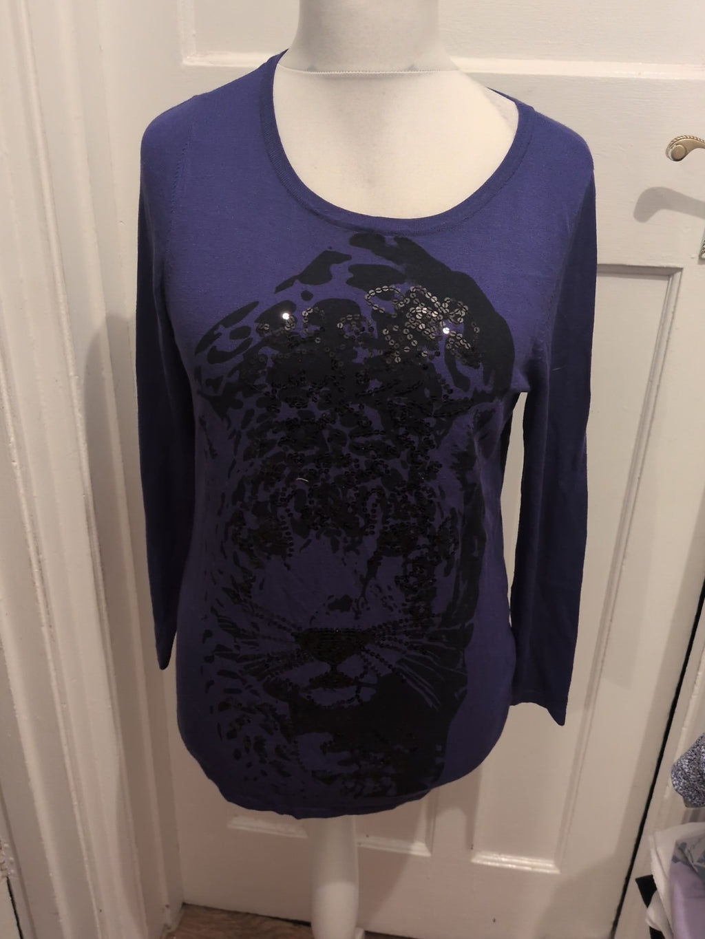 Large Blue And Black Sequin Long Sleeve Blouse Lightweight Jumper