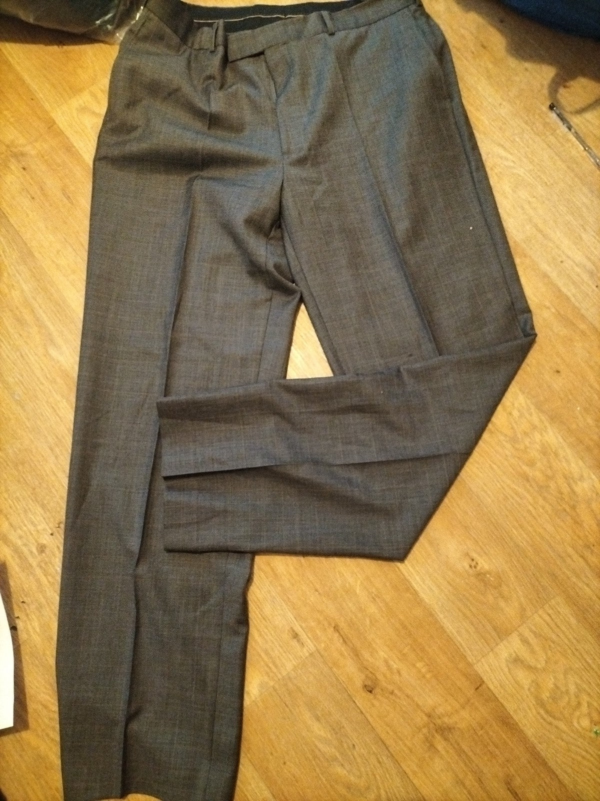Mens Fellini Size 38L Brown Pinstripe Trousers