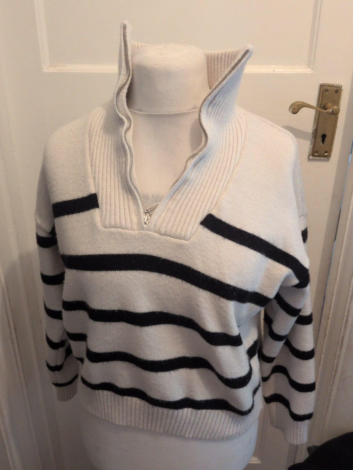 XL White With Black Stripe High Neck Long Sleeve Jumper